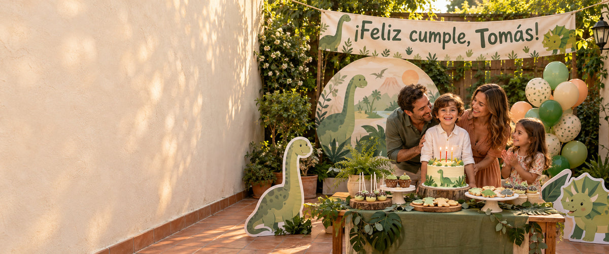Imagen conceptual de Tomás, niño ficticio, con su familia ante una mesa de cumpleaños con dinosaurios genéricos, fondo circular, figuras recortadas y pasacalle personalizado.