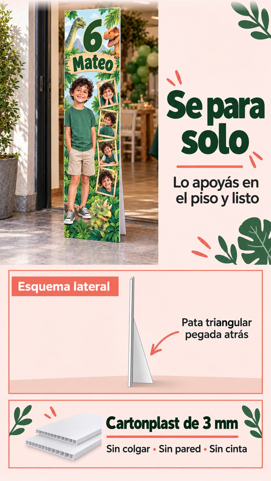 Banner de pie y esquema lateral de la pata triangular pegada atrás; cartonplast de 3 mm sin colgar, pared ni cinta.