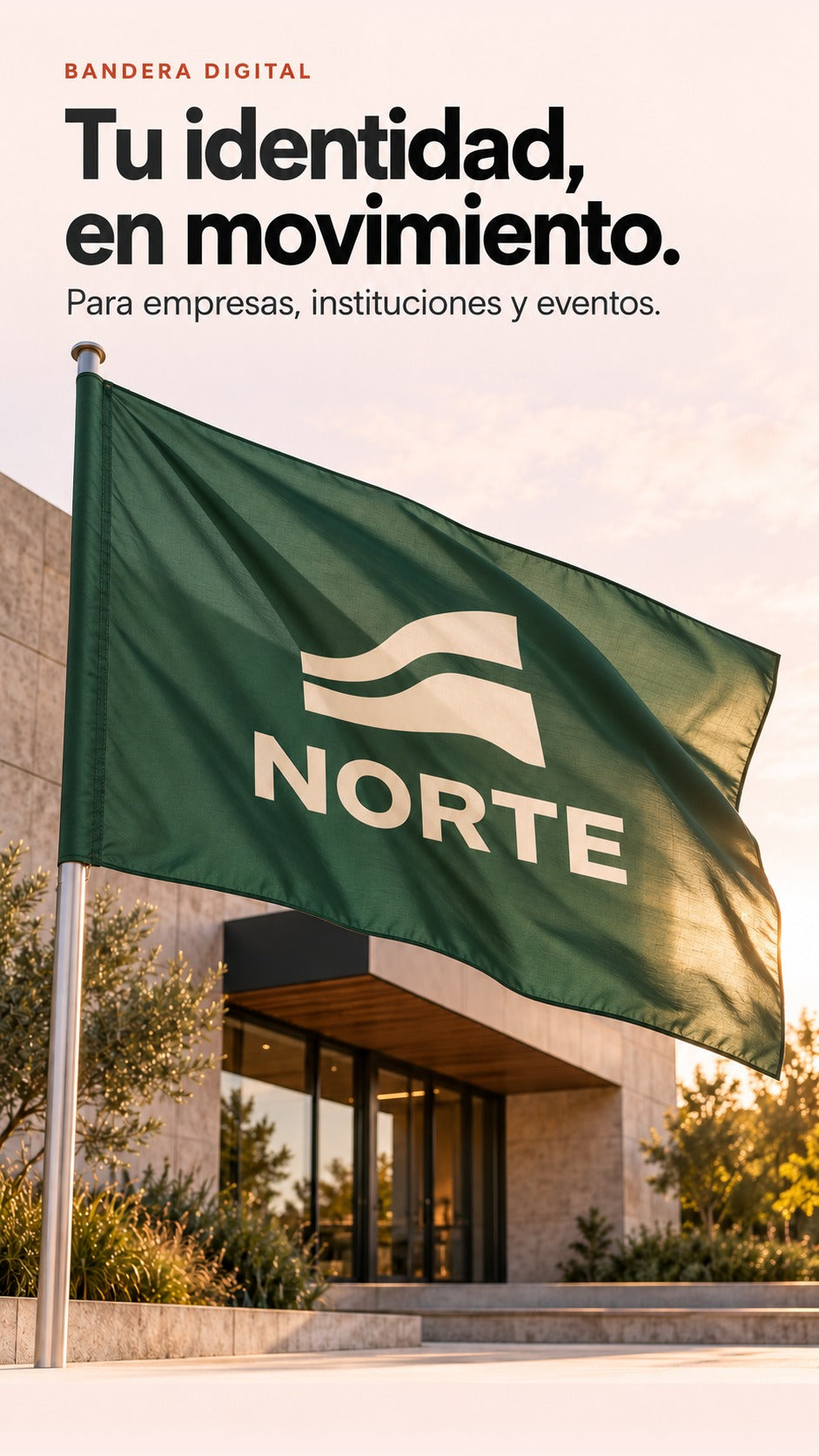 Imagen conceptual de una bandera digital rectangular de la marca ficticia NORTE, con vaina y tela en movimiento frente a una empresa.