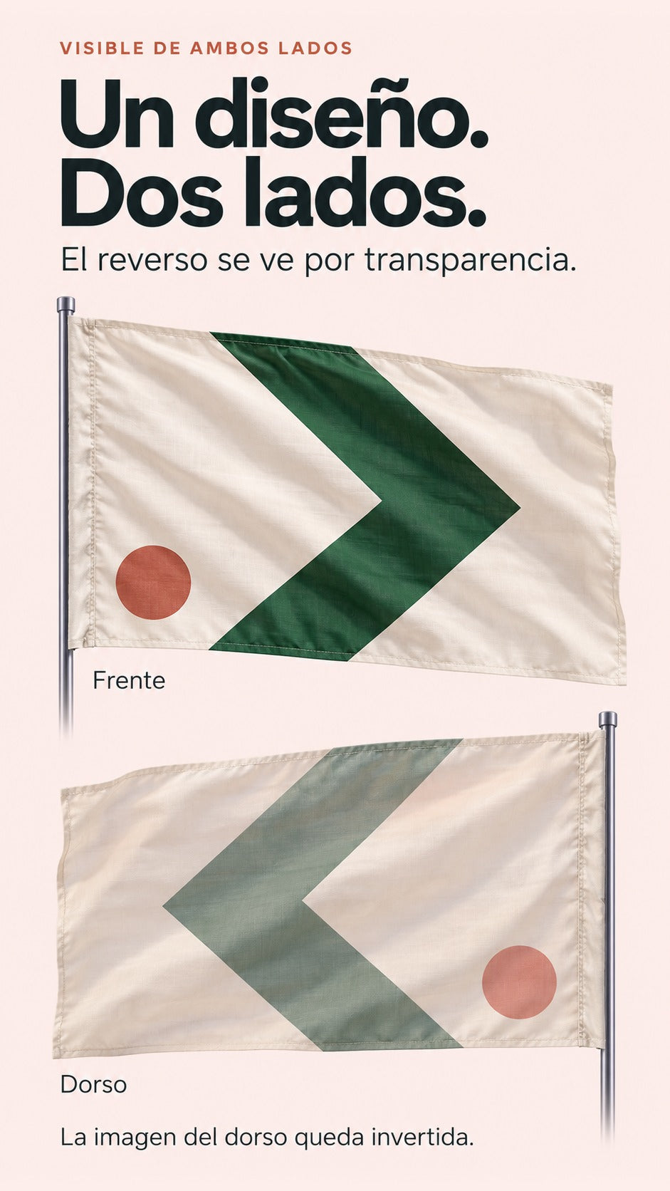 Imagen conceptual de frente y dorso de una bandera de una sola tela, con el mismo símbolo invertido y visible por transparencia.