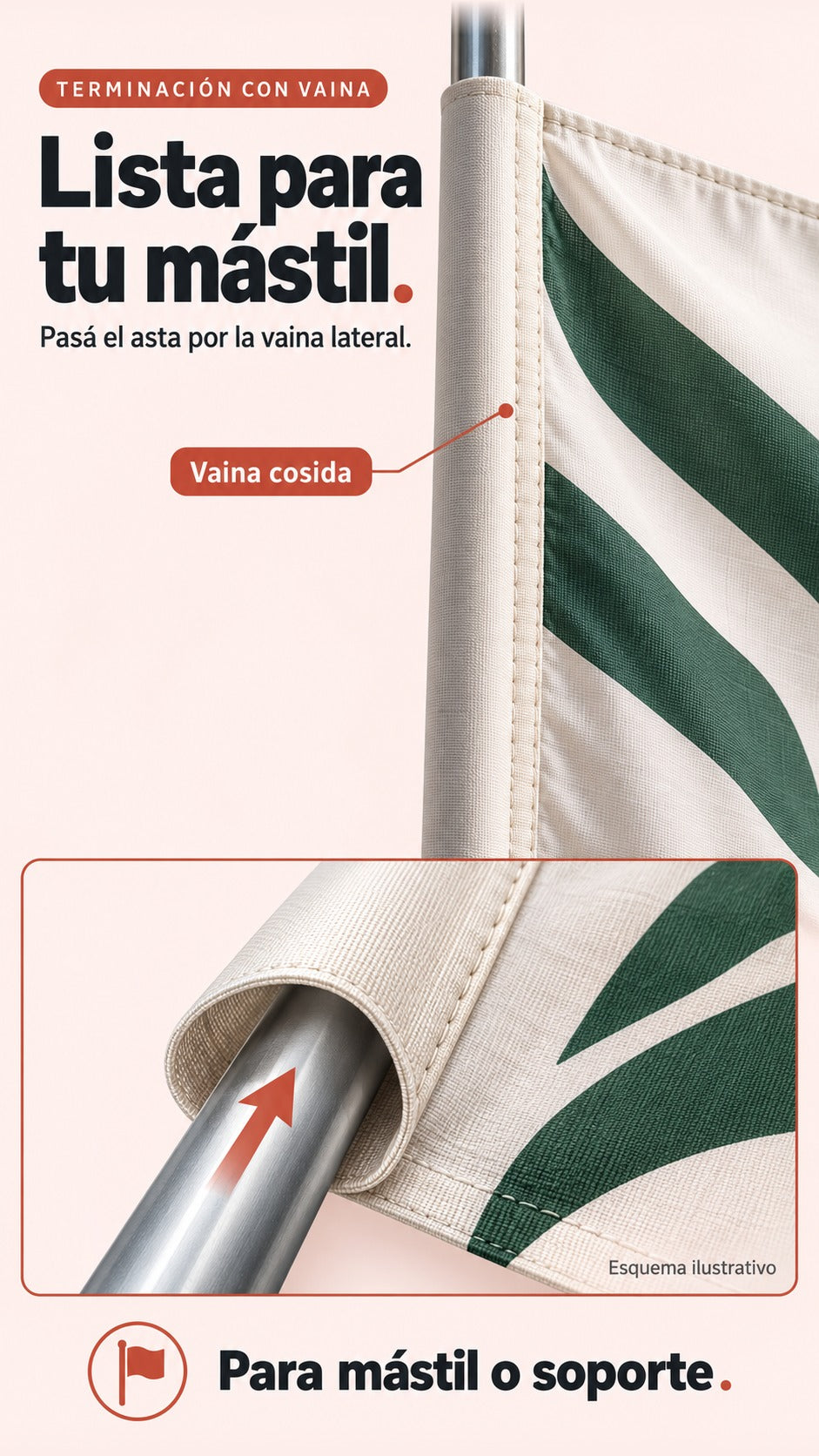 Imagen conceptual de una vaina lateral cosida con el asta en su interior y un esquema ilustrativo de montaje.