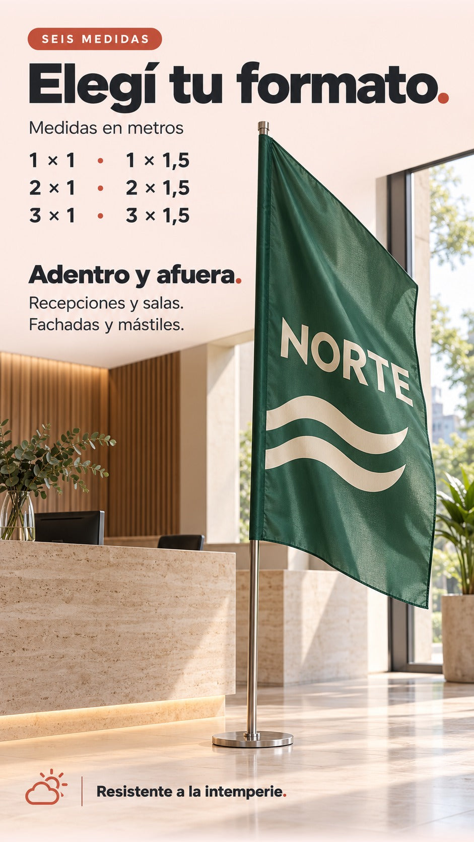 Imagen conceptual de las seis medidas de Bandera Digital y una bandera institucional en una recepción.