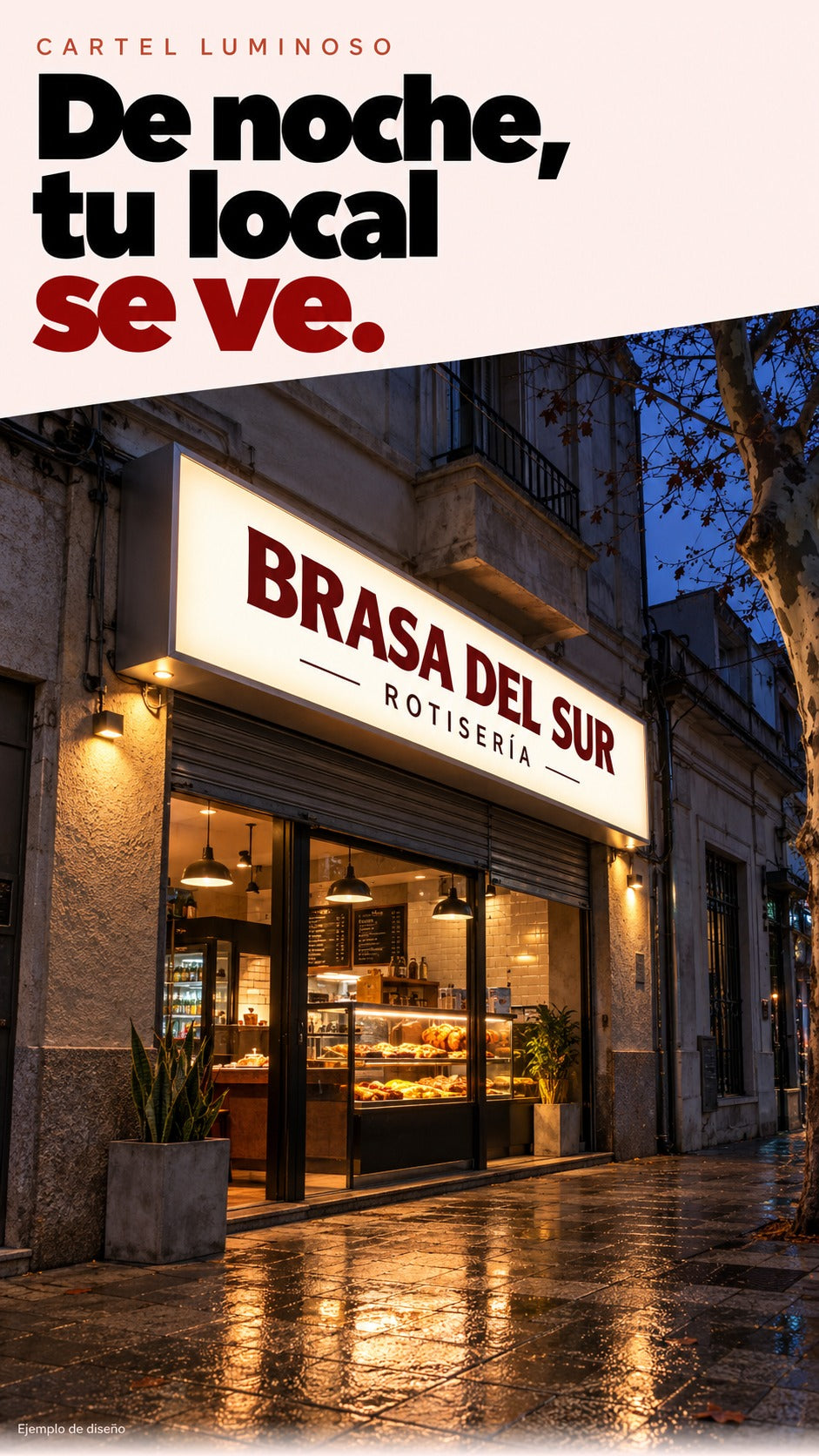 Escena publicitaria generada de una rotisería de barrio montevideano al anochecer, con caja de luz rectangular encendida y reflejos en la vereda mojada.