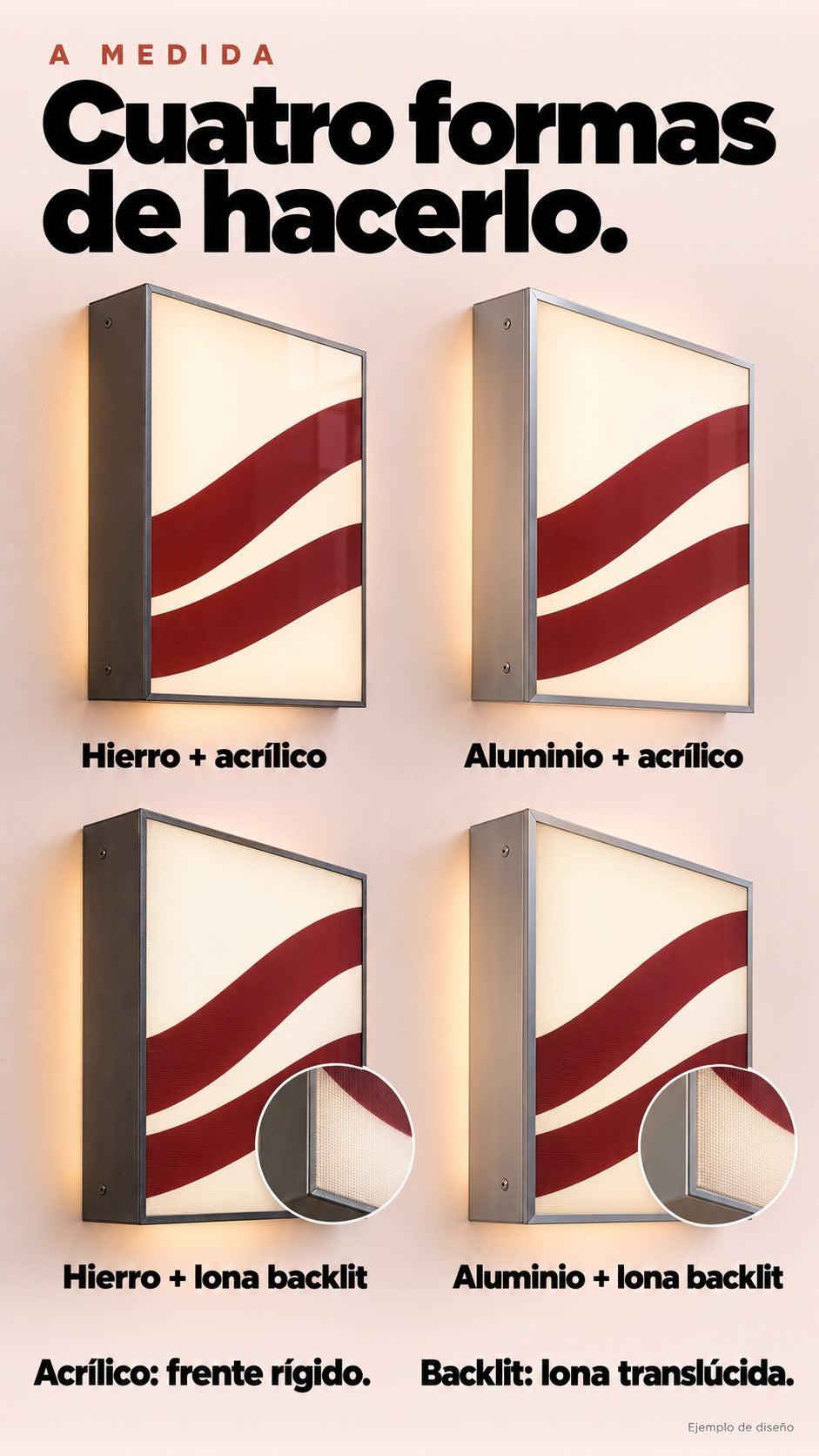 Cuatro muestras fotorrealistas de las combinaciones hierro o aluminio con frente de acrílico o lona backlit; los frentes flexibles están planos y tensados.