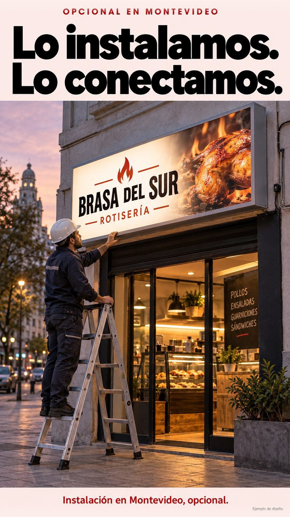 Instalador generado con casco sobre escalera de tijera estable, revisando el borde exterior de un cartel encendido sin manipular cables expuestos. Instalación opcional en Montevideo.