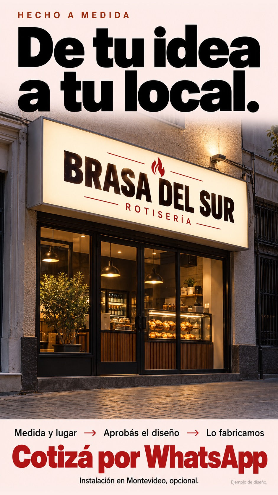 Cartel luminoso rectangular de la rotisería ficticia Brasa del Sur, secuencia de cotización y fabricación, y llamado Cotizá por WhatsApp.