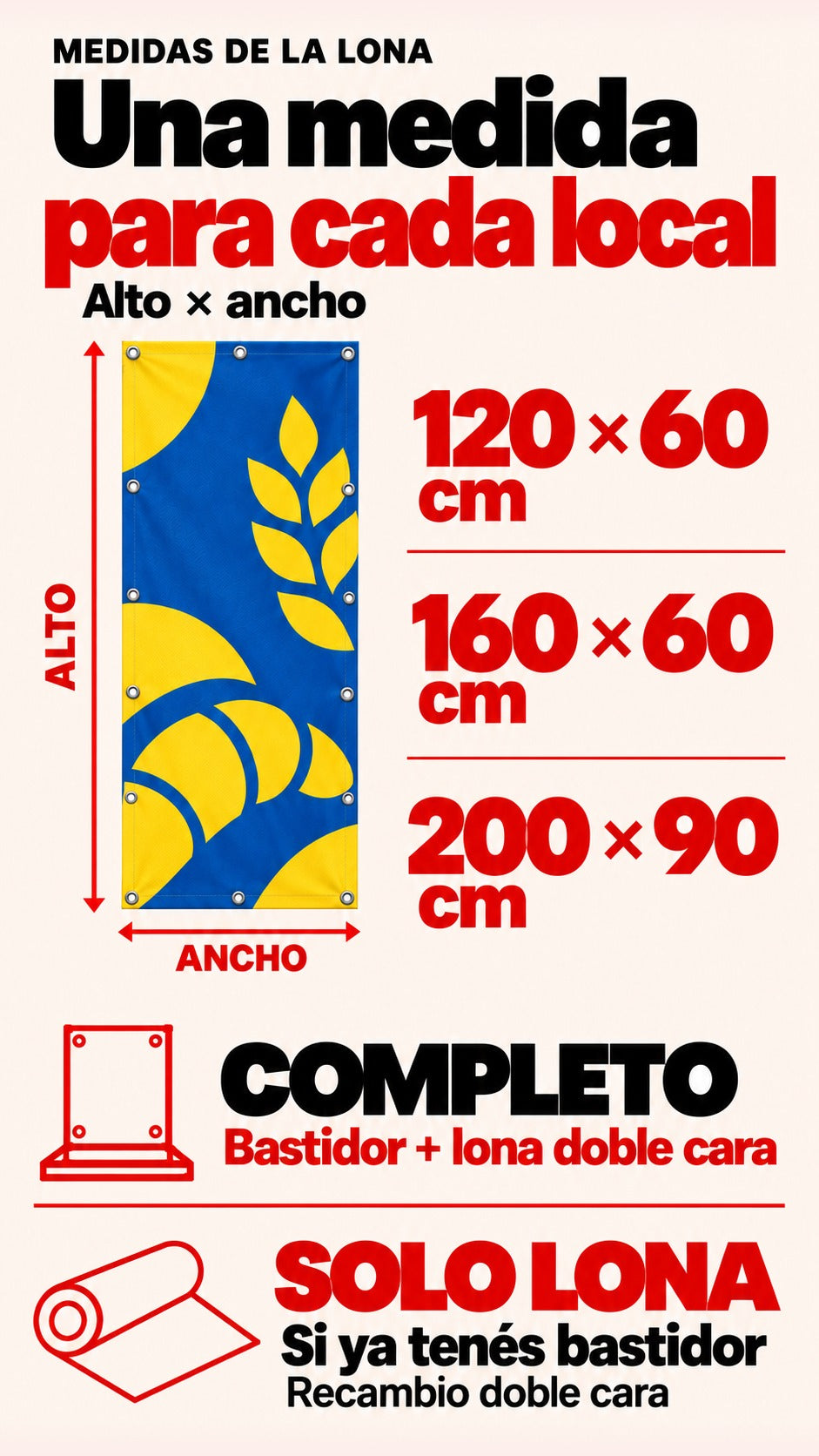 Medidas de la lona, alto por ancho: 120 × 60 cm, 160 × 60 cm y 200 × 90 cm. Completo: bastidor más lona doble cara. Solo lona: recambio doble cara, si ya tenés bastidor. Sin precios en el arte.