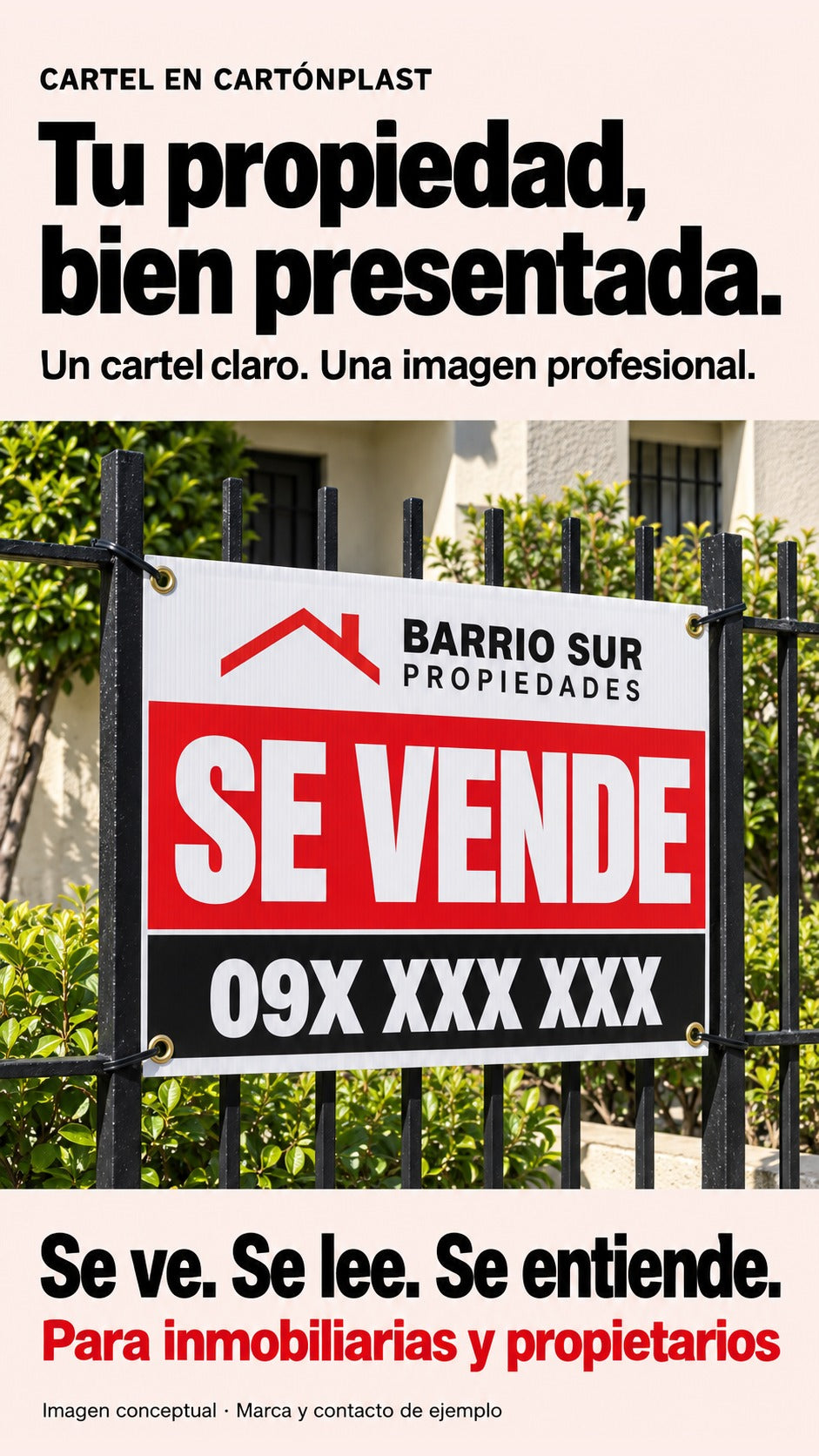 Imagen conceptual de un cartel en cartónplast de Barrio Sur Propiedades, marca ficticia, con SE VENDE y contacto de ejemplo 09X XXX XXX, sujeto con ojales y precintos a una reja frente a una vivienda.