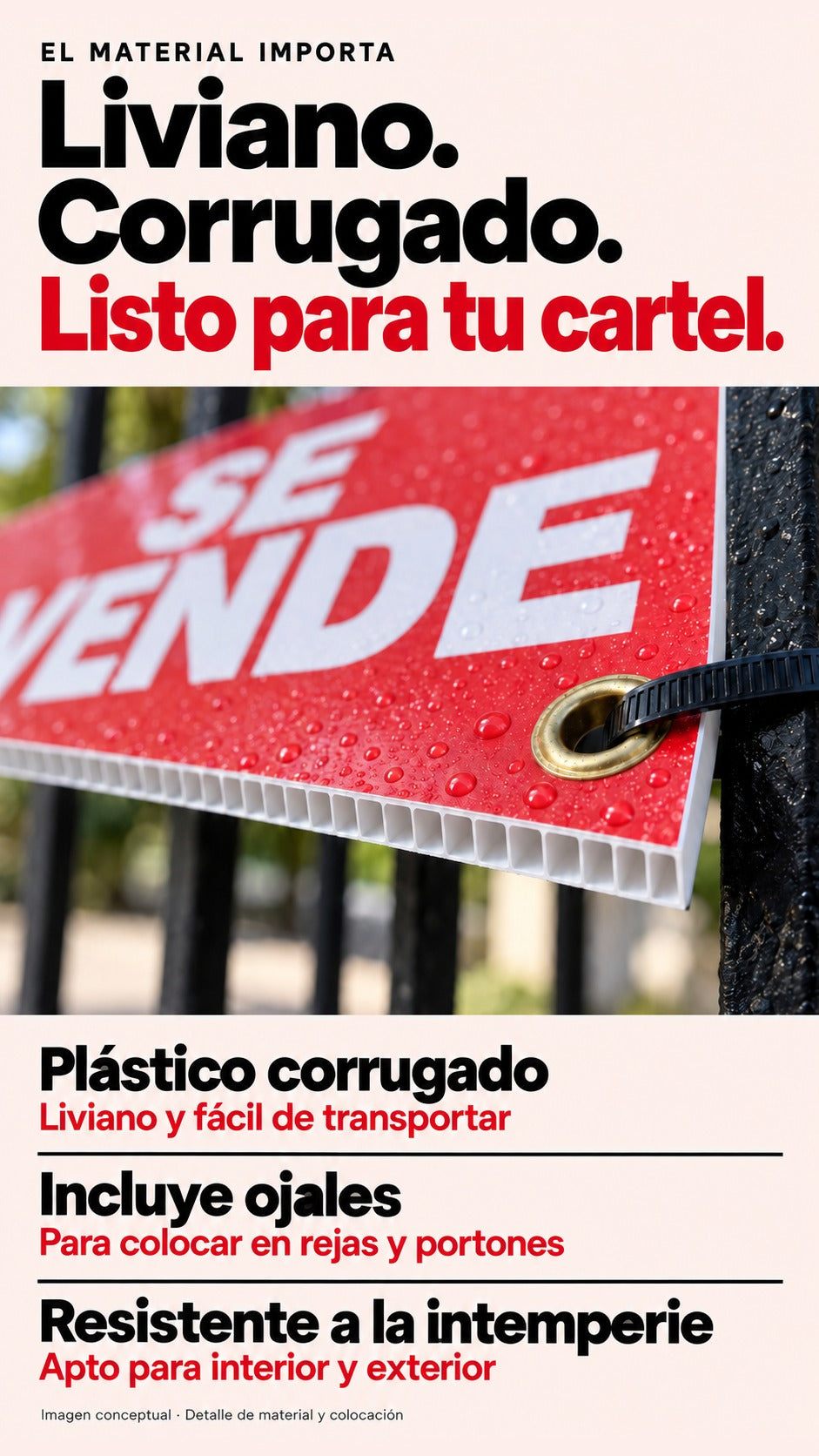 Imagen conceptual de un detalle de cartónplast blanco con una fila de canales huecos paralelos visibles en el canto, ojal metálico y precinto junto a una reja; la superficie roja impresa tiene gotas de agua.
