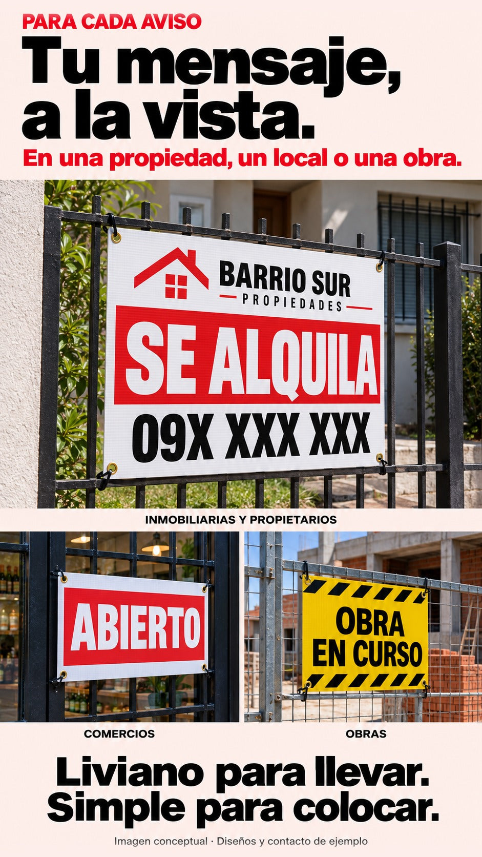 Imagen conceptual de usos de carteles en cartónplast con ojales: un cartel inmobiliario SE ALQUILA de marca ficticia y contacto de ejemplo como protagonista, acompañado por ejemplos más pequeños para comercio y obra.
