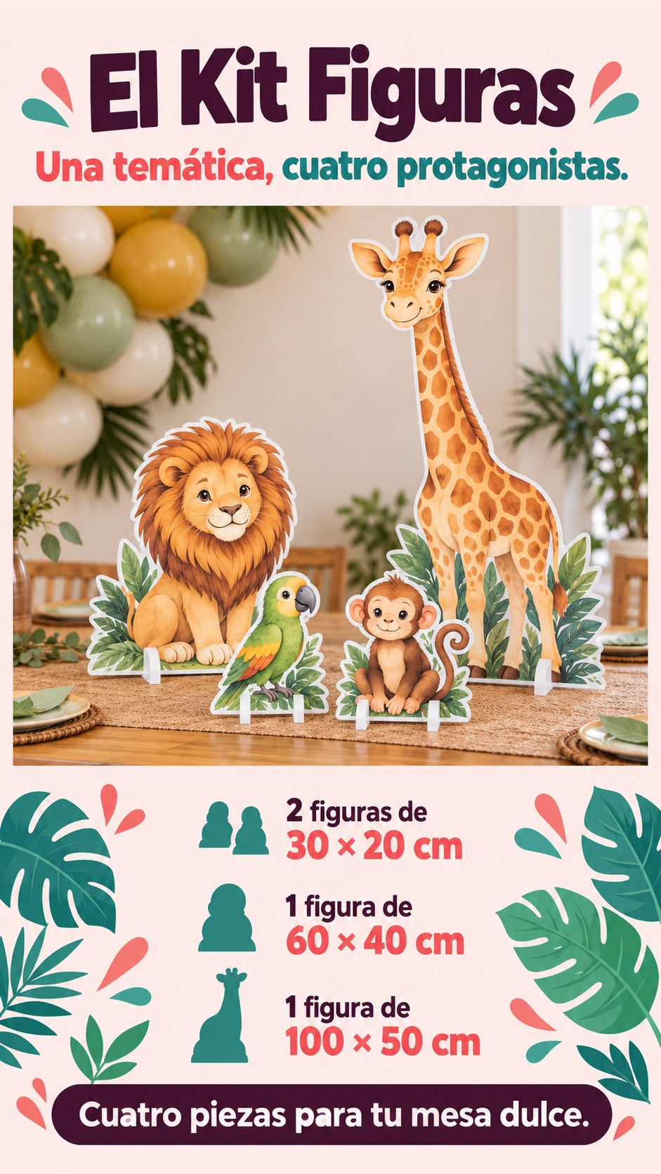 Kit de cuatro figuras de selva: jirafa, león, loro y mono, con cantidades y medidas.