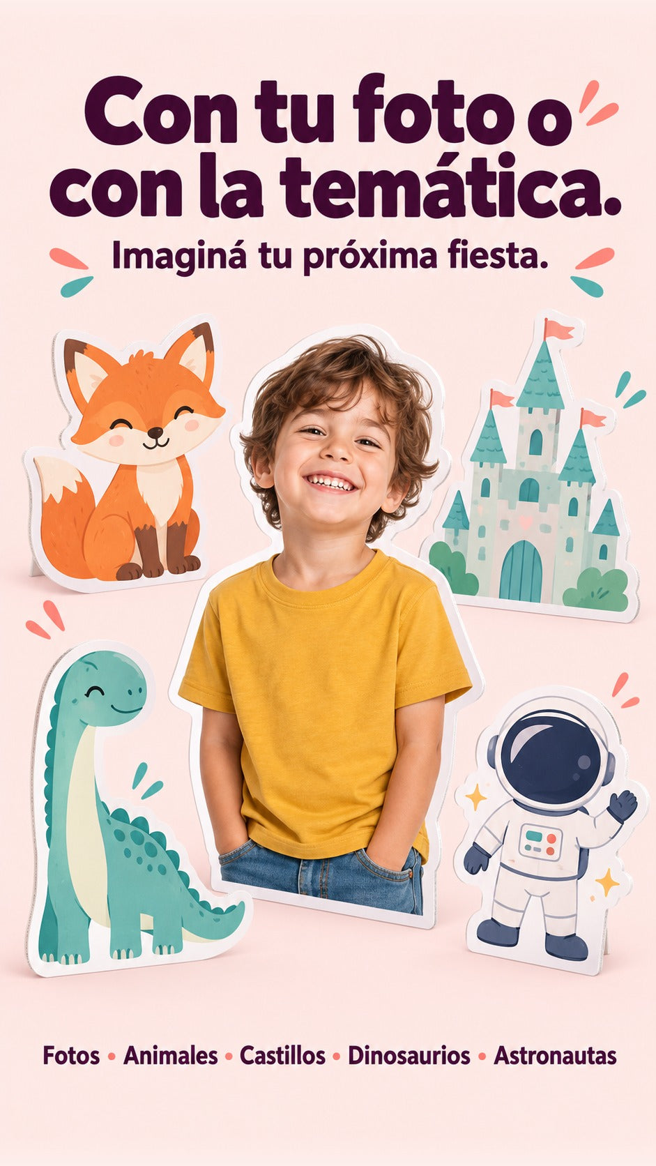 Ejemplos de figuras recortadas: foto de niño ficticio, zorro, castillo, dinosaurio y astronauta genéricos.