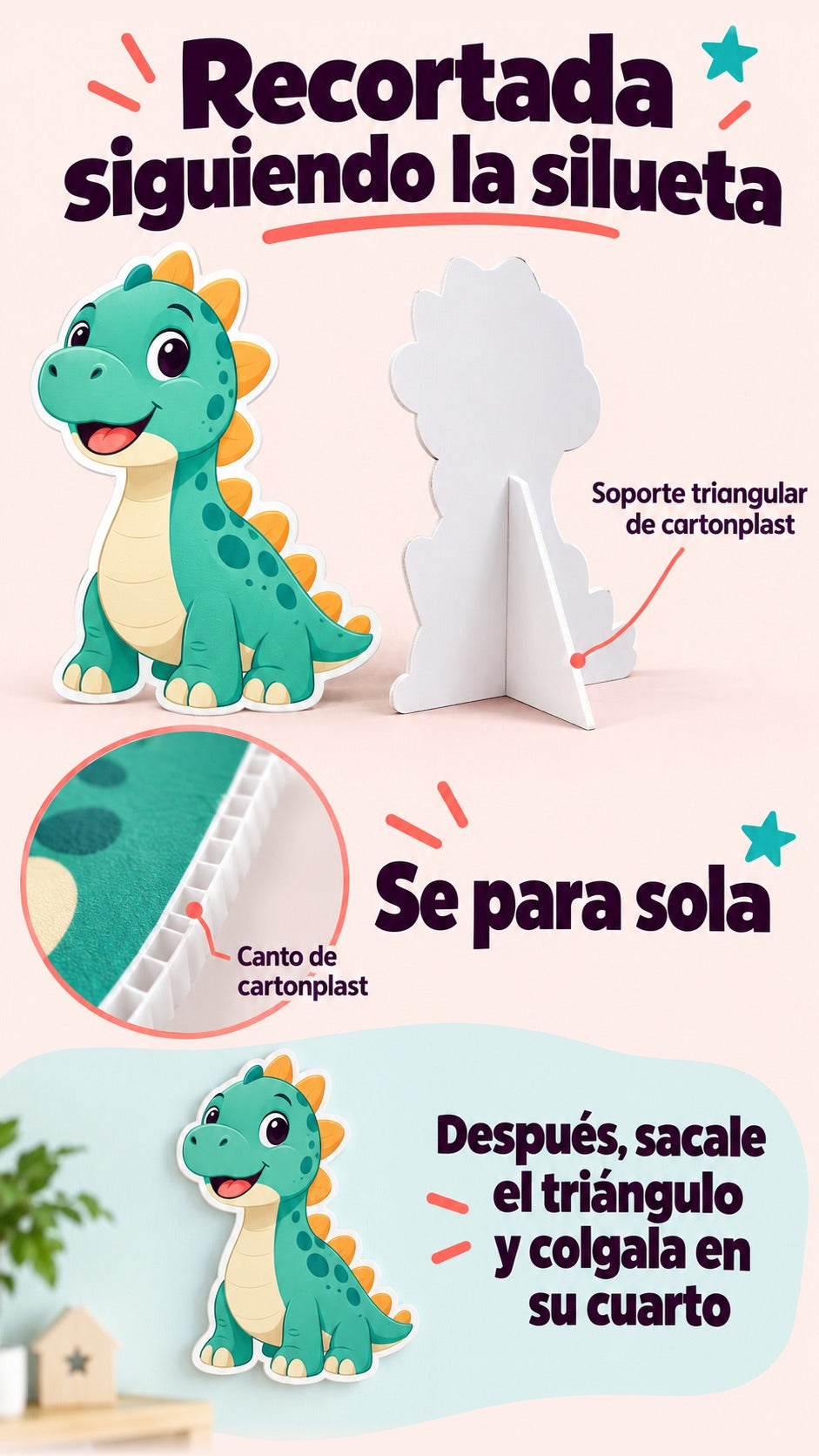 Figura genérica de dinosaurio recortada por su silueta, vista frontal y posterior con triángulo de cartonplast perpendicular; acercamiento del canto y reutilización sin soporte en pared.