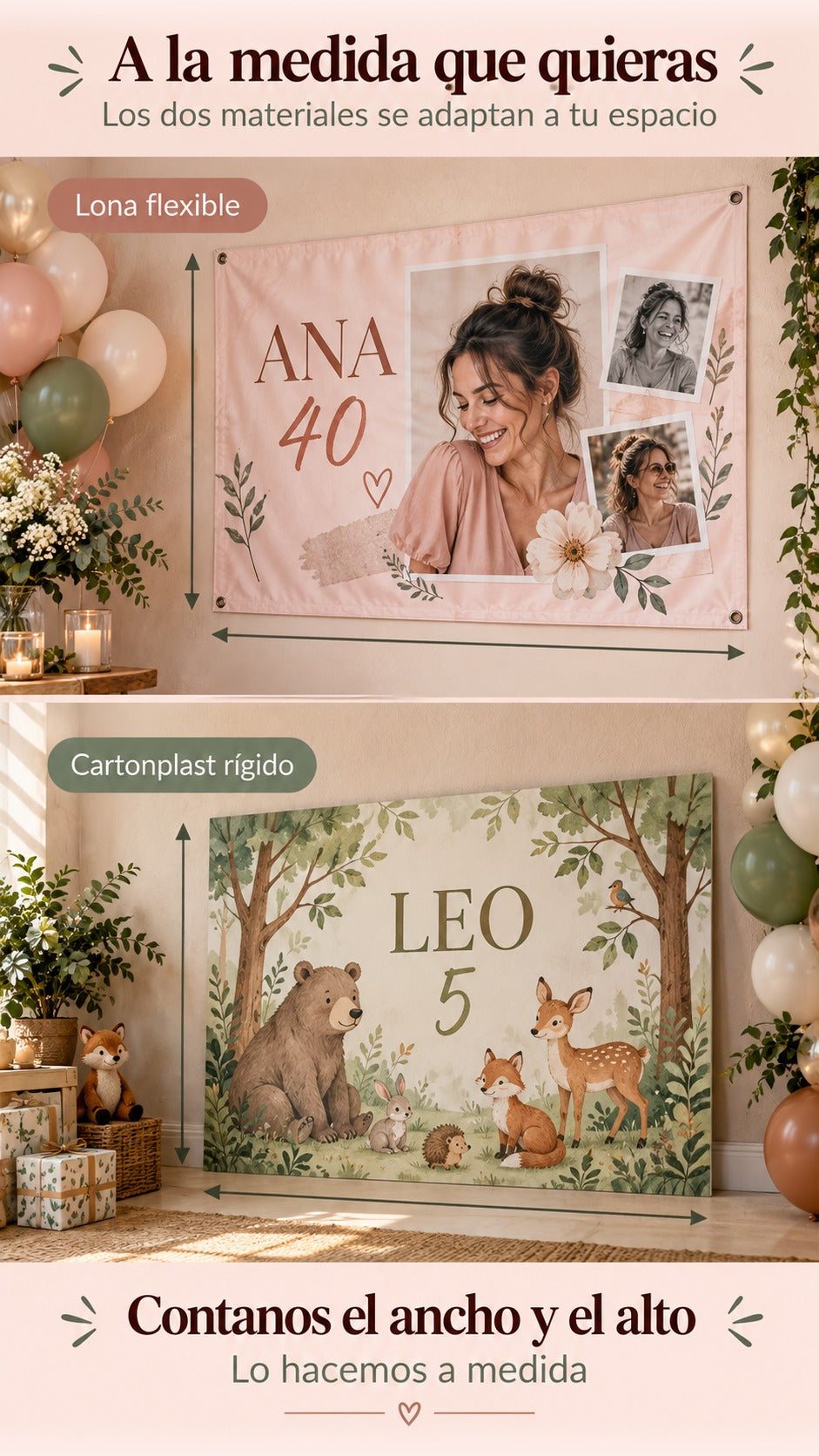 Dos escenas equivalentes de lona flexible y cartonplast contra pared, con flechas de ancho y alto para pedir a medida.