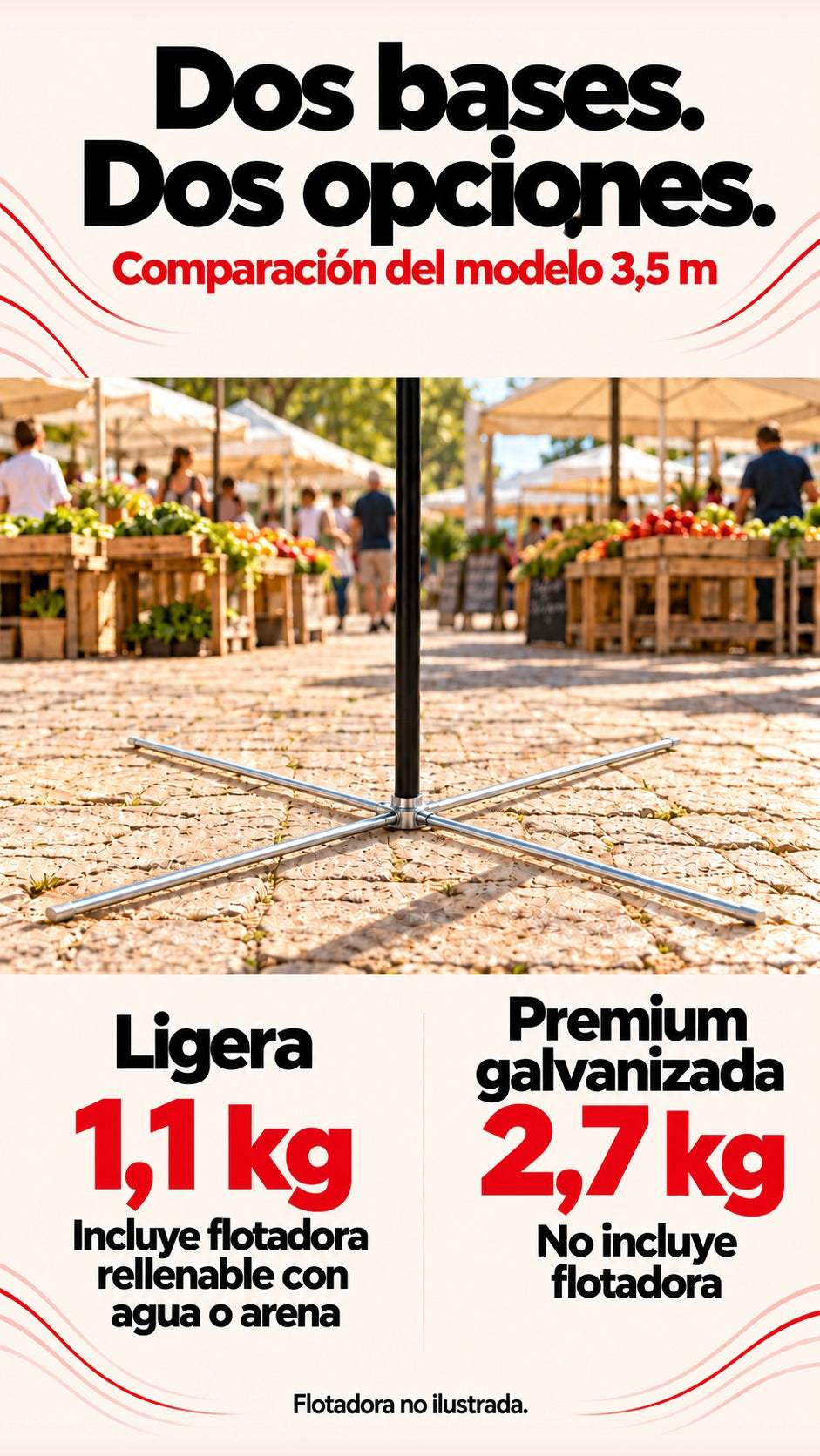 Imagen conceptual de una cruceta metálica baja de cuatro brazos finos, con dos columnas que comparan las especificaciones declaradas de bases ligera y premium del modelo 3,5 m, sin ilustrar diferencias de geometría ni la flotadora.