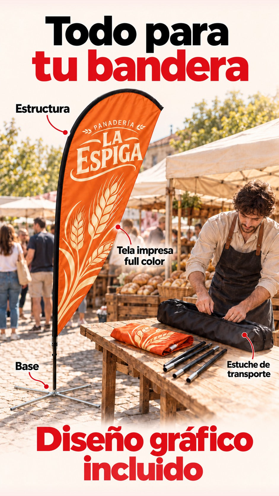Imagen conceptual de un adulto preparando una Bandera Gota La Espiga en una feria, con tela naranja liviana y mate, base baja de cuatro brazos metálicos finos, estuche negro, mástil segmentado y tela doblada sobre un banco.