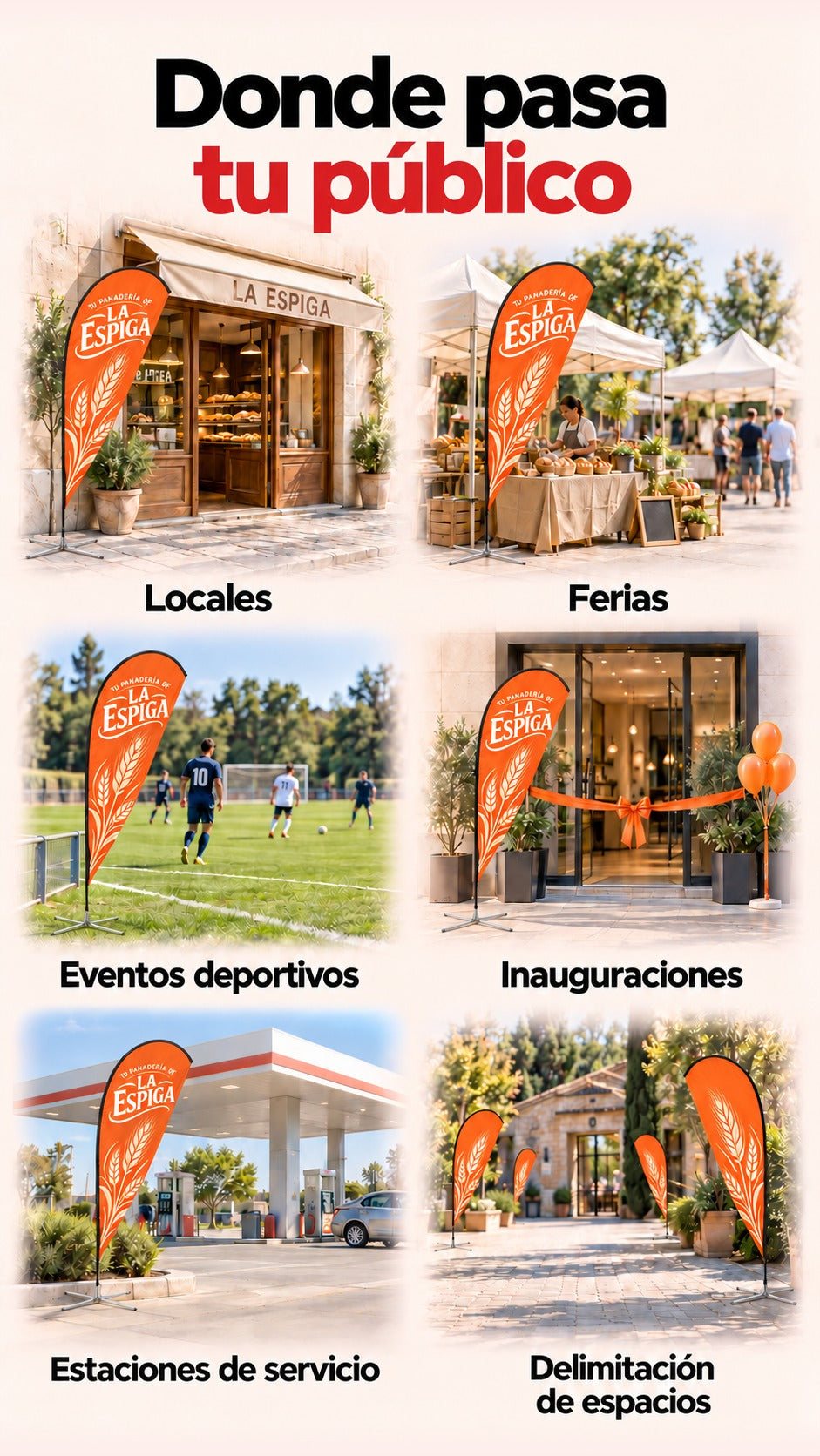 Imagen conceptual de seis usos de la Bandera Gota: locales, ferias, eventos deportivos, inauguraciones, estaciones de servicio y delimitación visual de espacios, con tela naranja liviana y bases metálicas bajas de cuatro brazos finos.