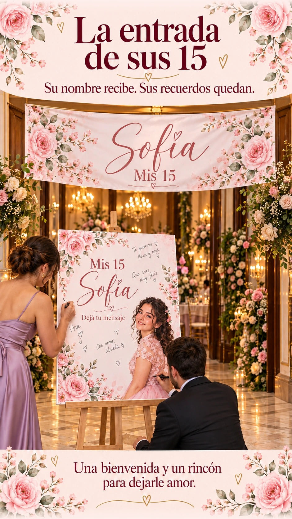 Entrada de fiesta de 15 con pasacalle floral y mural de Sintra vertical en atril, donde dos invitados dejan mensajes.