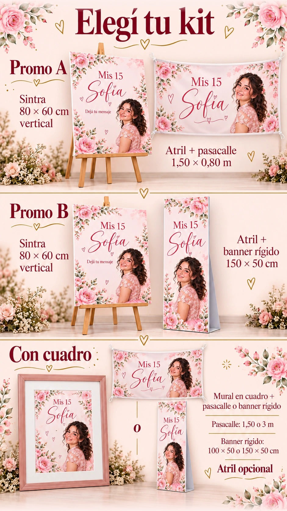Comparación de Promo A, Promo B y kits con cuadro, con medidas y atril opcional en la alternativa enmarcada.