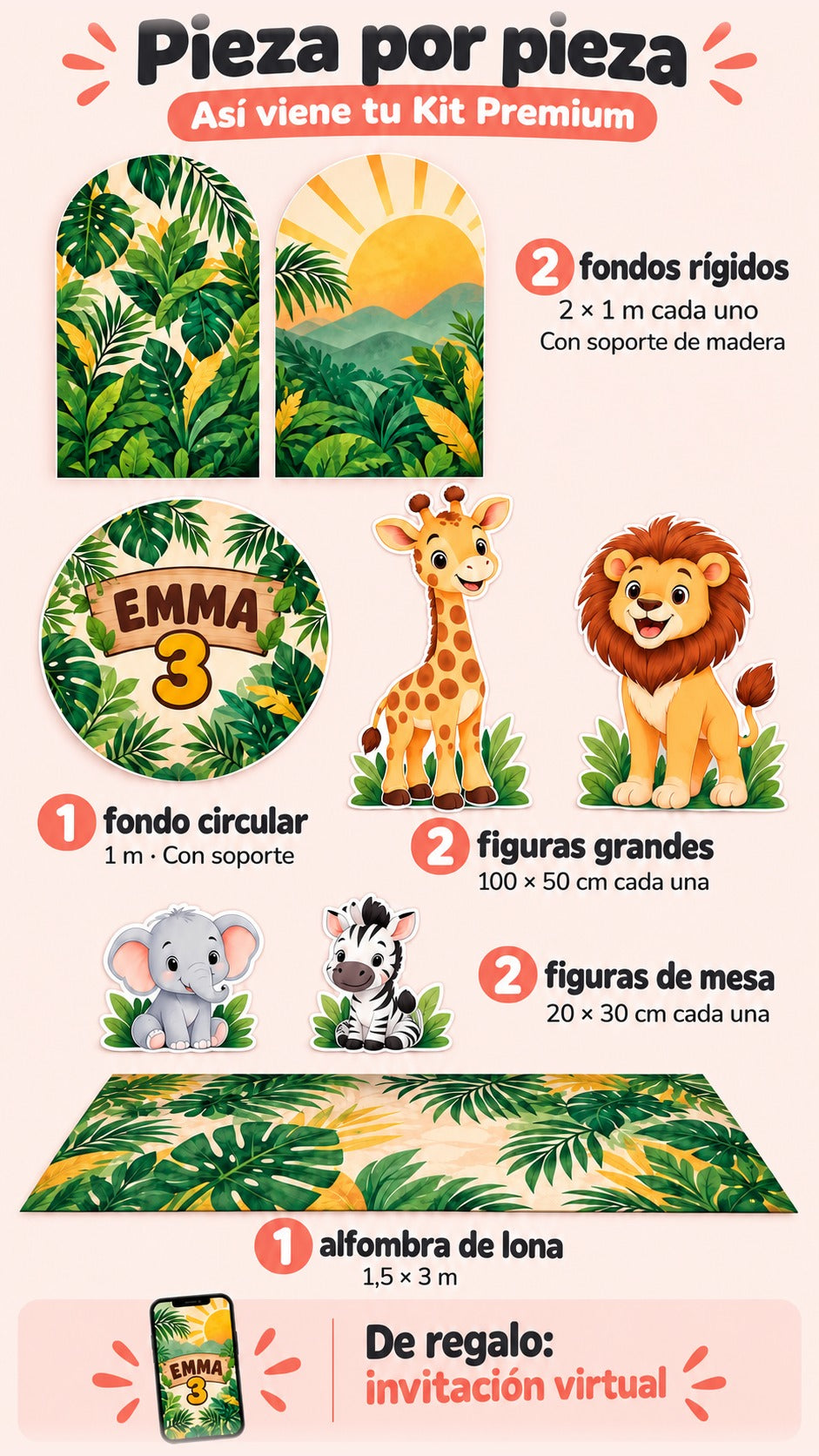Premium desglosado: dos fondos rígidos, un círculo, dos figuras grandes, dos de mesa, una alfombra e invitación virtual de regalo.
