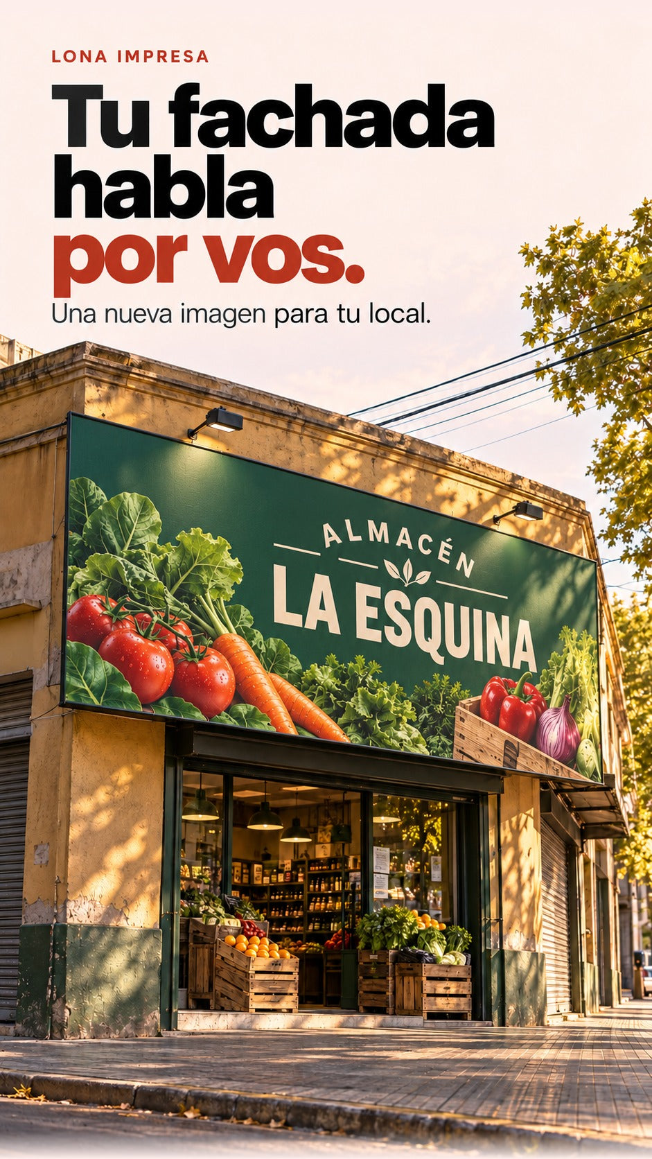 Escena publicitaria generada de un almacén montevideano con lona verde perfectamente tensada sobre bastidor, de frente liso y perímetro recto.