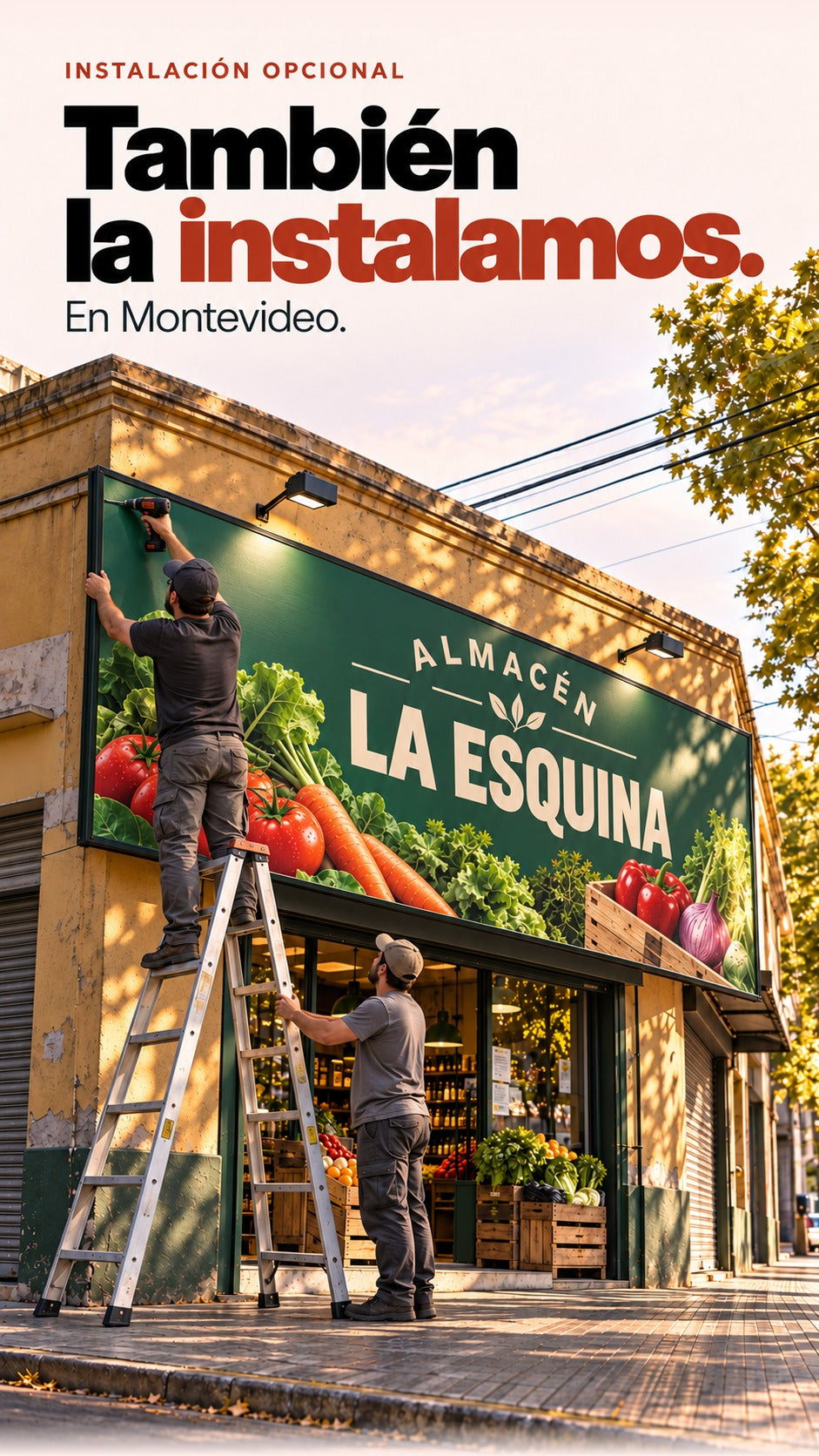 Dos instaladores generados trabajan junto a una escalera para fijar un bastidor con lona perfectamente plana en un almacén de barrio.