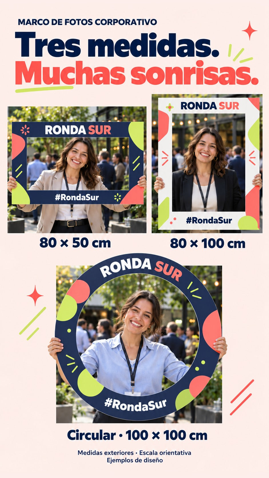 Imagen conceptual de las tres medidas exteriores del marco de fotos corporativo, rectangular de 80 × 50 cm, rectangular de 80 × 100 cm y circular de 100 × 100 cm, sostenidos por personas como referencia orientativa de escala.
