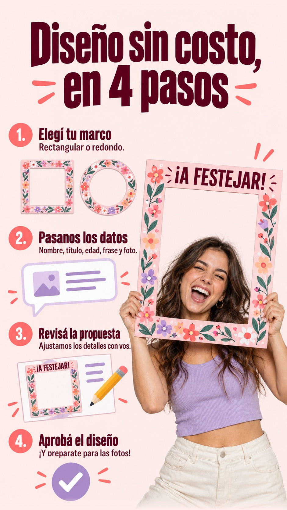 Cuatro pasos del diseño sin costo del marco selfie personalizado.
