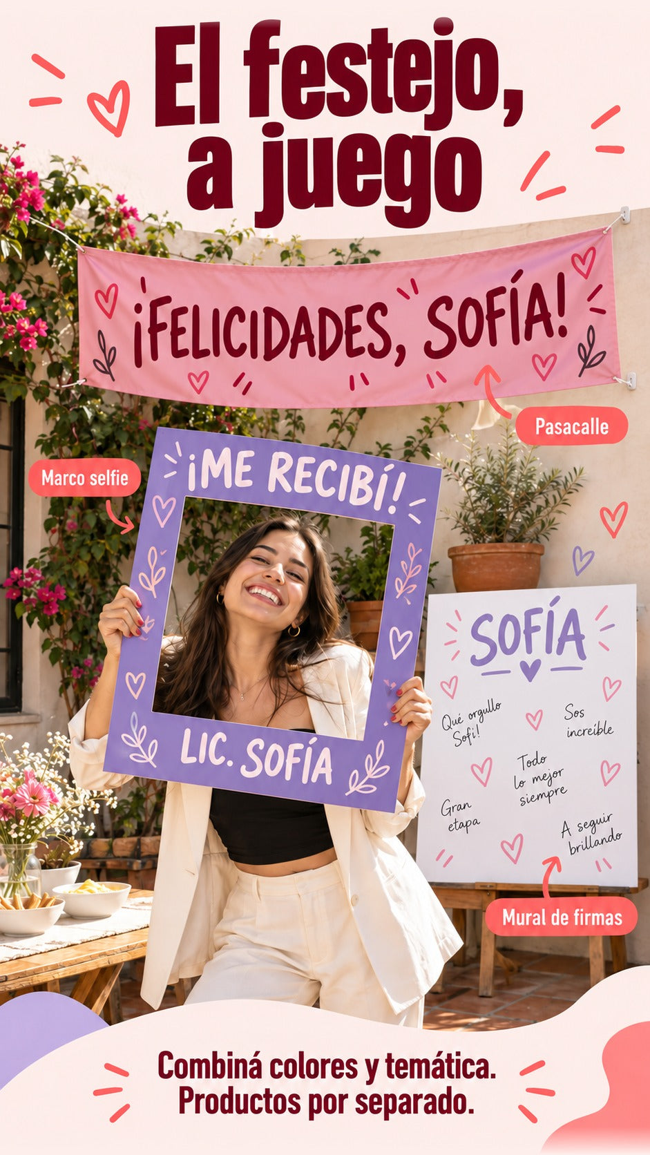 Marco selfie de recibida combinado con pasacalle y mural de firmas a juego, vendidos por separado.