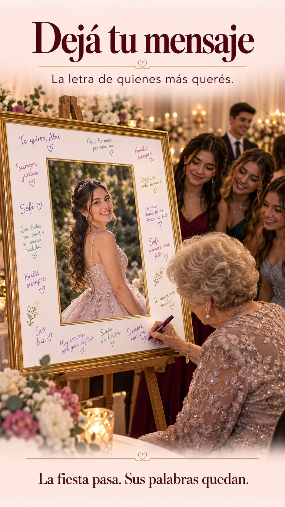 Una abuela firma con marcador violeta el amplio borde blanco de un mural dorado durante una fiesta de 15, mientras otros invitados esperan.