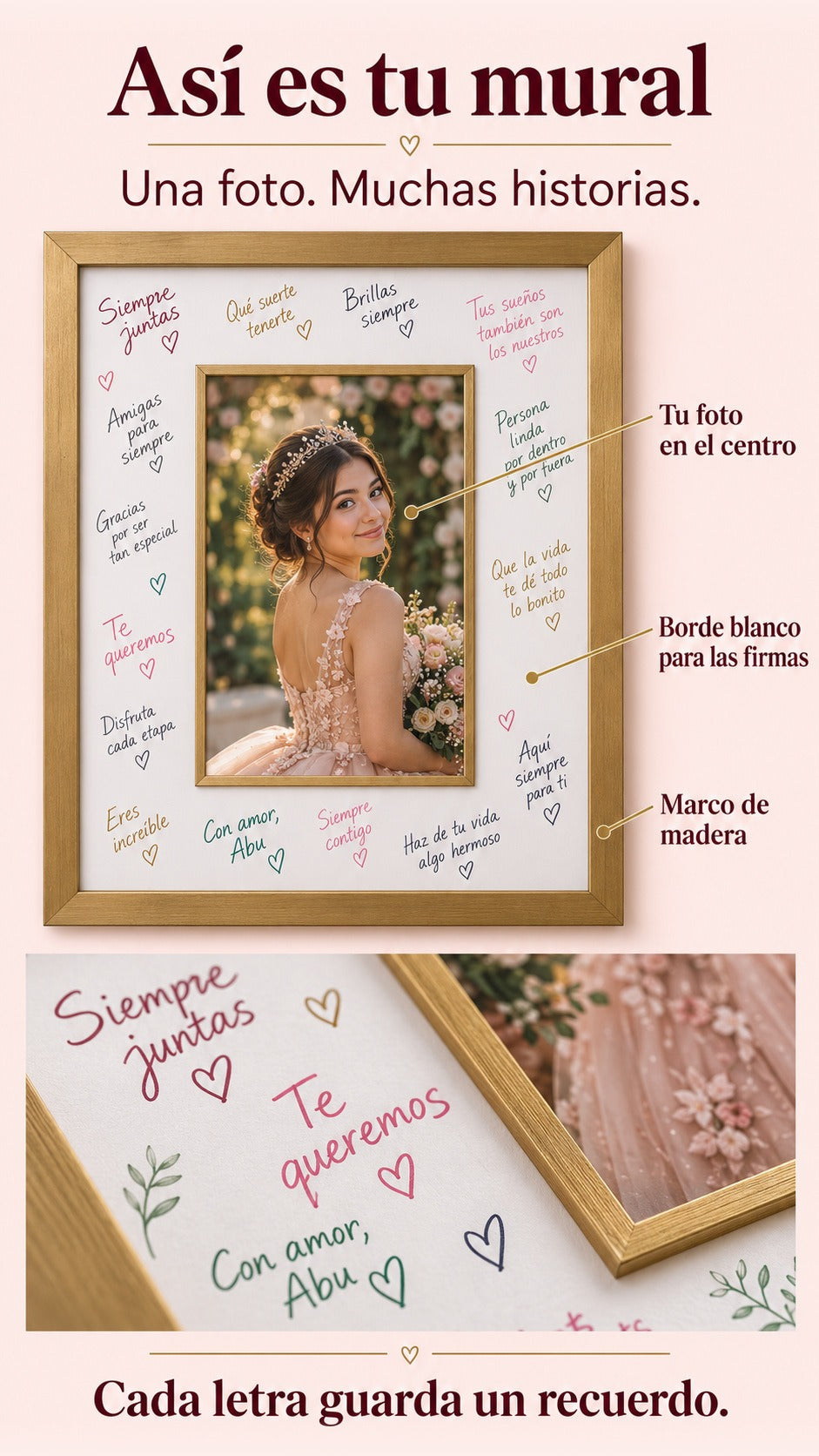 Mural de firmas con foto central, borde blanco para mensajes y marco de madera dorado, acompañado de un acercamiento a las firmas.