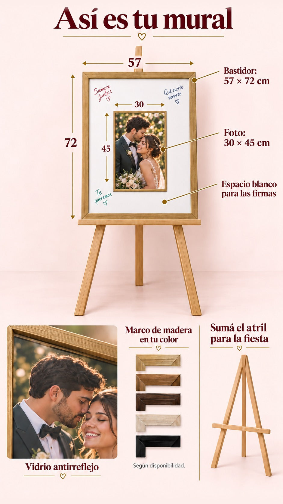 Mural de firmas con foto vertical ficticia 30 × 45 cm, bastidor 57 × 72 cm, margen blanco, marco de madera y vidrio antirreflejo, sobre atril de pintor de tres patas.