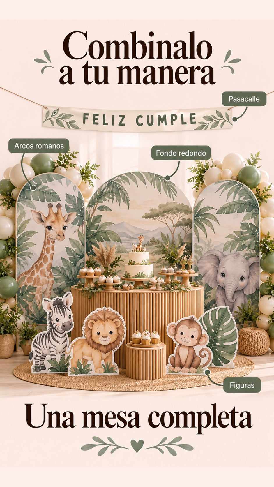 Combinación ilustrativa de arcos romanos, fondo redondo, figuras y pasacalle rectangular en una mesa dulce.