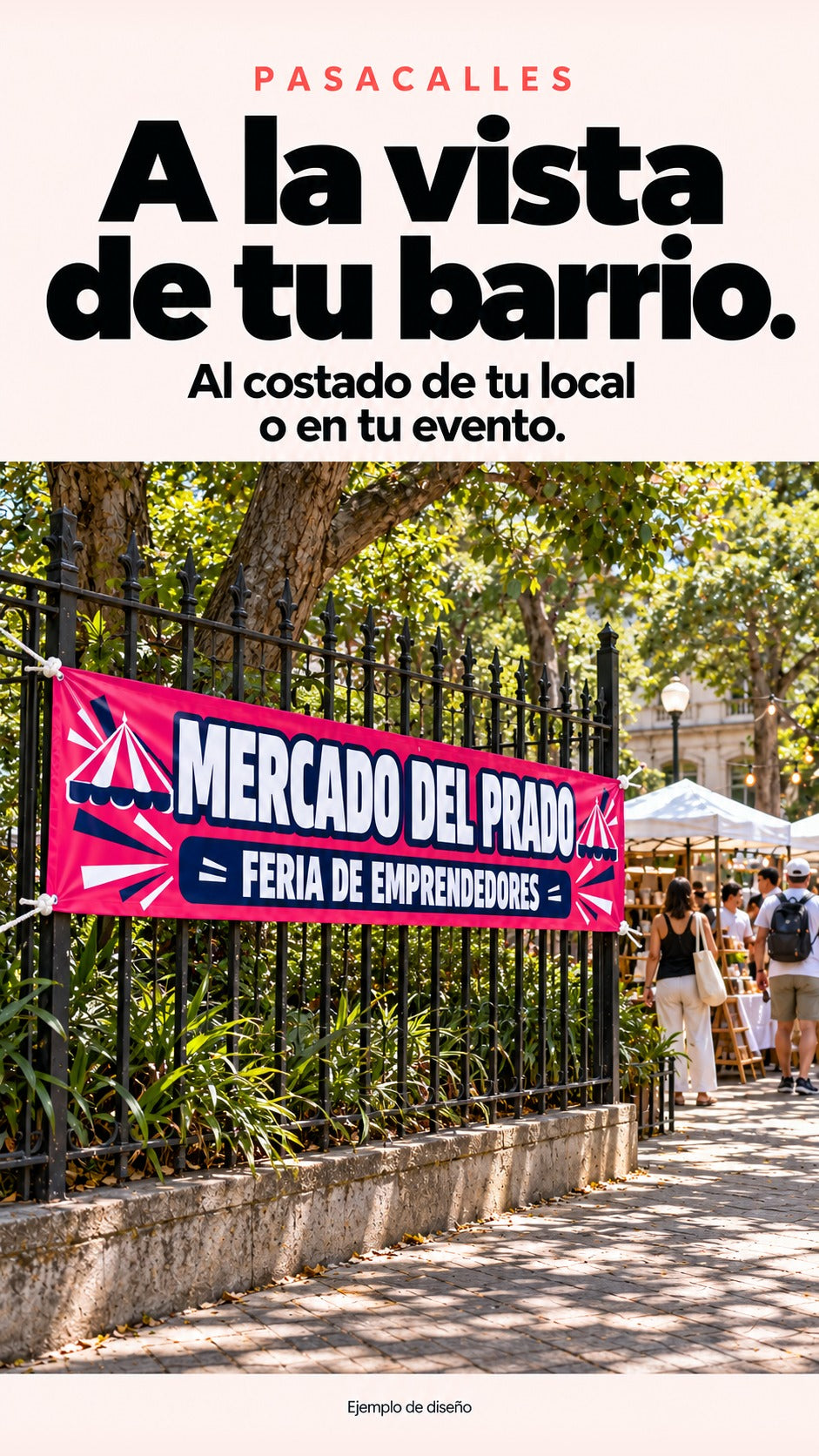 Imagen conceptual de un pasacalle de Mercado del Prado atado a una reja lateral en el borde de una feria de emprendedores, con el acceso y los puestos separados a un lado.
