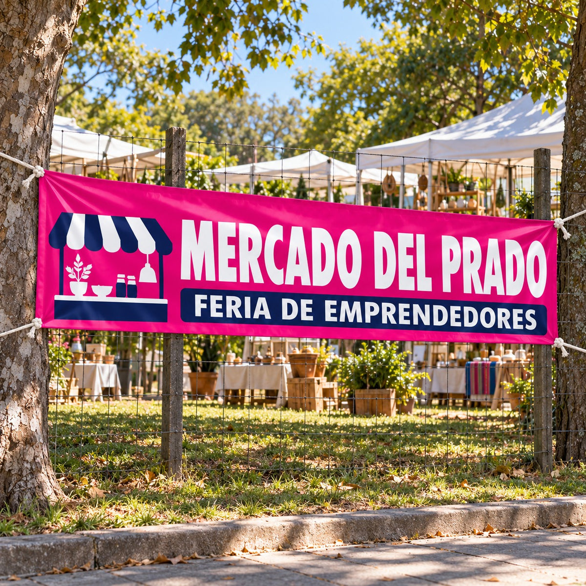 Imagen conceptual de un pasacalle magenta y azul de Mercado del Prado, atado temporalmente entre árboles junto al alambrado lateral de una feria de emprendedores.