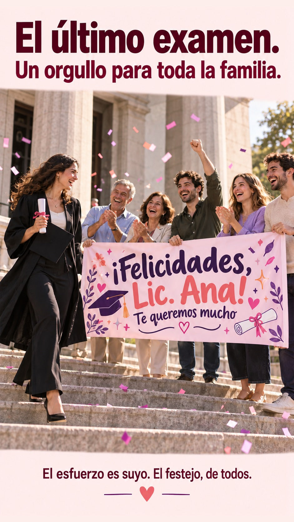 Familia ficticia celebra a la Licenciada Ana al salir de una facultad genérica con un pasacalle personalizado.