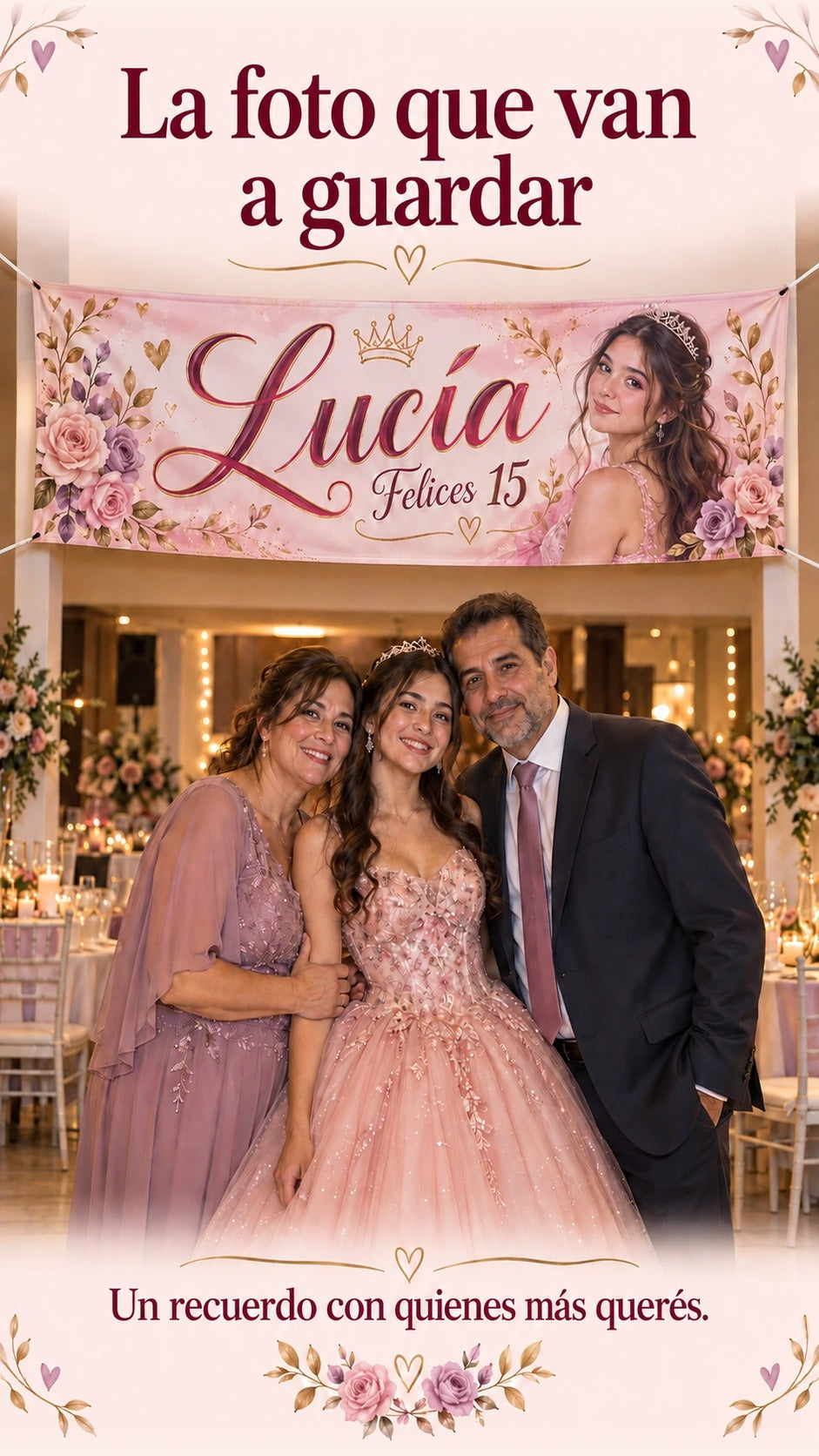 Quinceañera ficticia junto a sus padres debajo de un pasacalle con su nombre y foto.