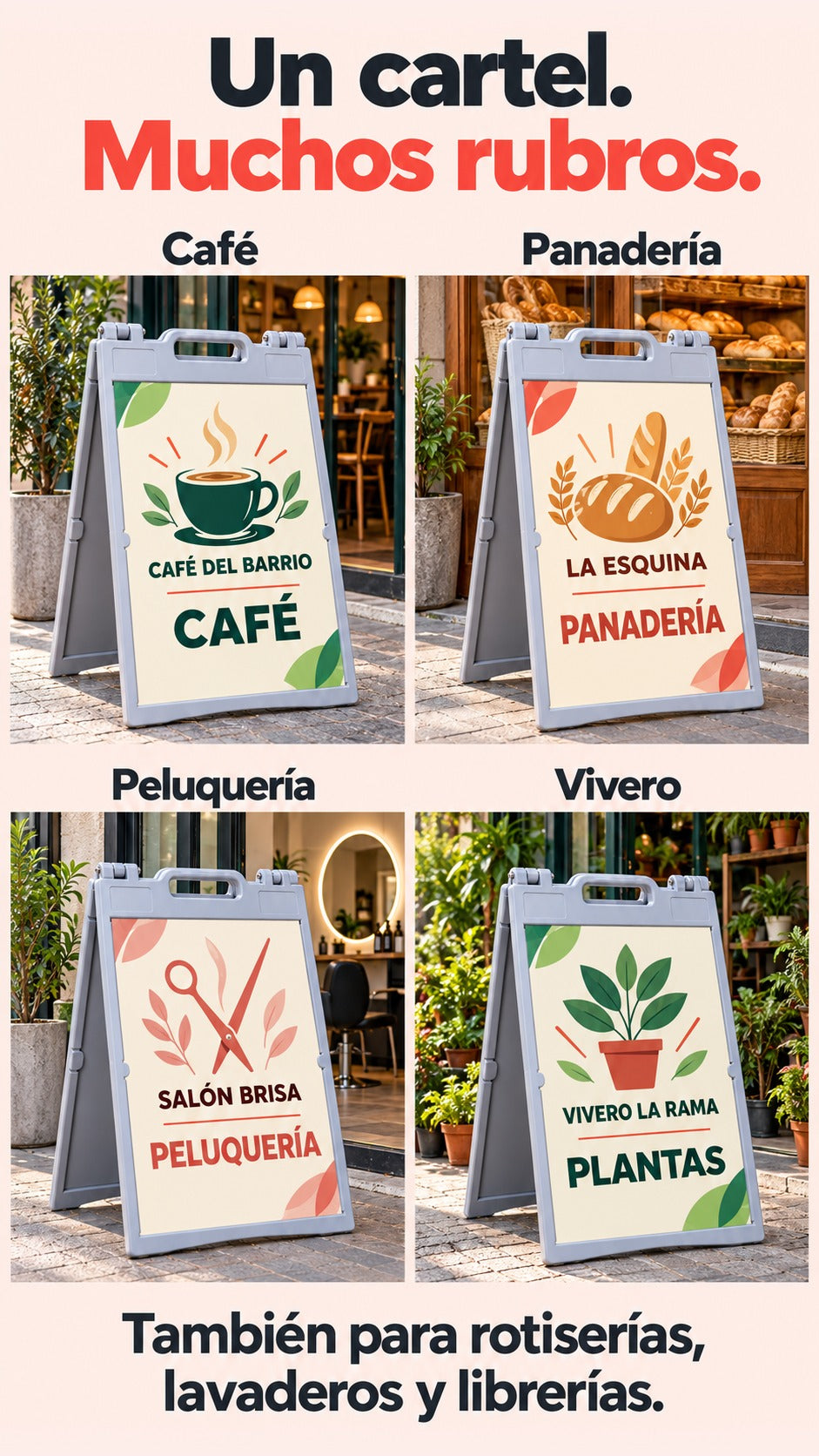 Imagen conceptual de caballetes plásticos con afiches impresos frente a un café, una panadería, una peluquería y un vivero ficticios, con otros usos comerciales indicados.