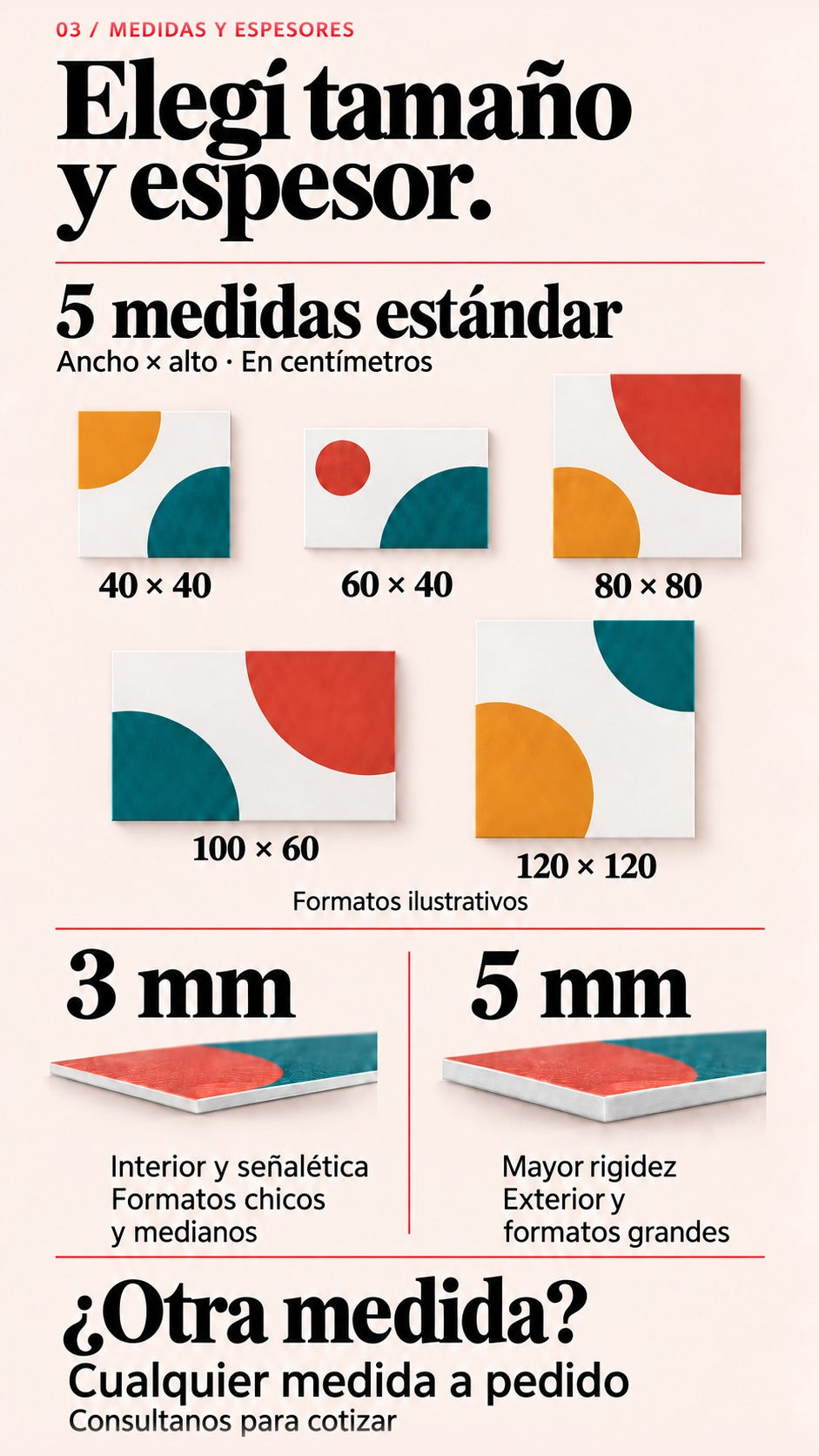 Imagen conceptual de medidas estándar 40×40, 60×40, 80×80, 100×60 y 120×120 cm. Comparación de Sintra de 3 mm para interior y formatos chicos o medianos y 5 mm de mayor rigidez para exterior o formatos grandes. Otras medidas a pedido.