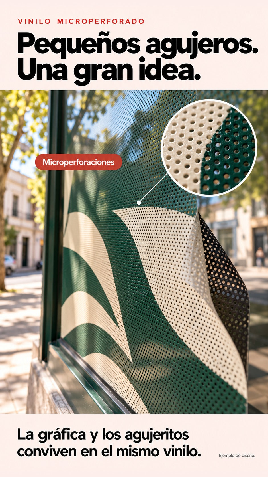 Detalle fotorrealista generado de vinilo microperforado sobre vidrio con lupa de sus orificios y una esquina que muestra el reverso oscuro.