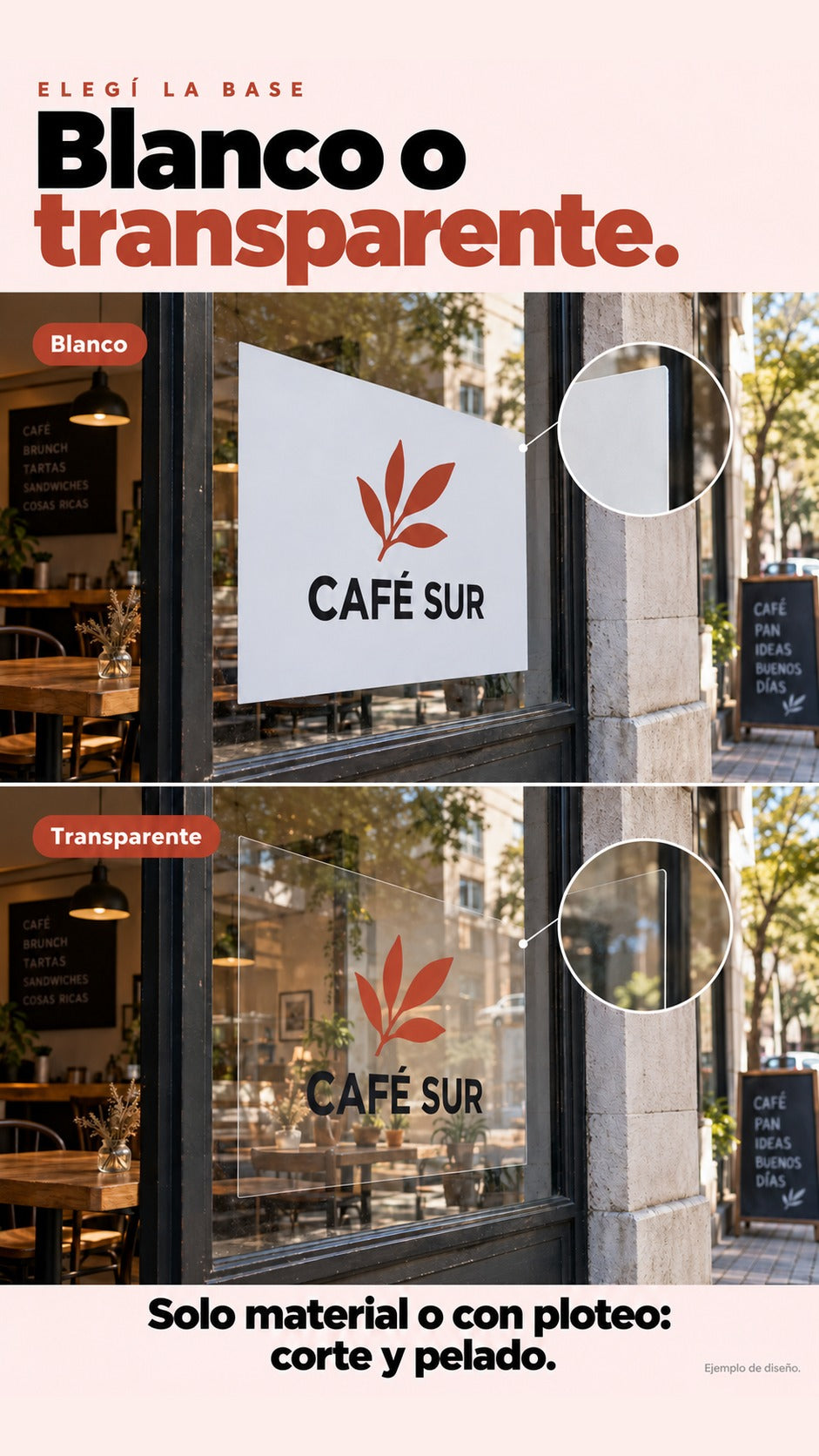 Comparación generada de la misma gráfica de Café Sur sobre base blanca opaca y base transparente sobre vidrio.