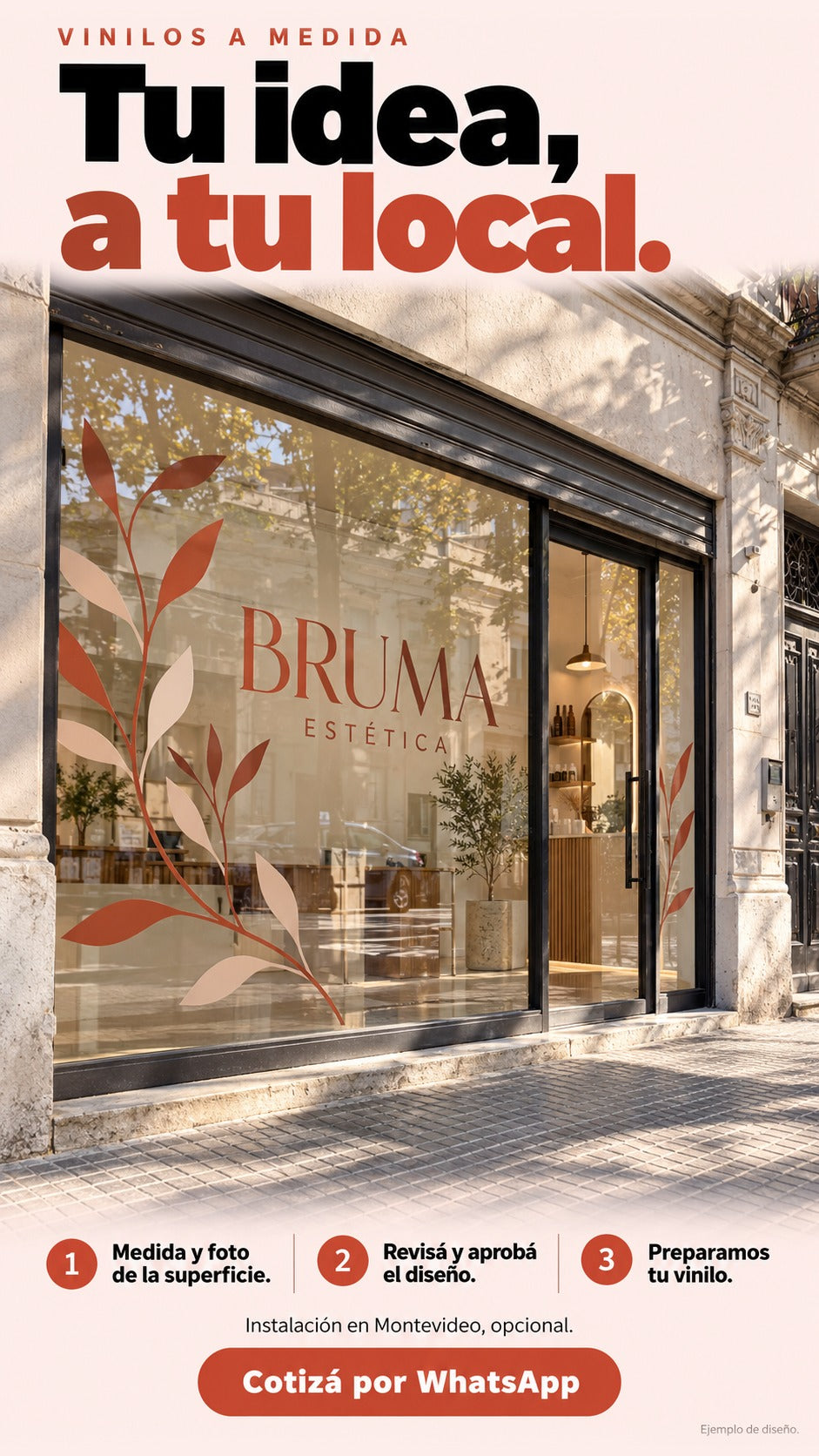Local ficticio Bruma Estética con vinilo en vidrio y proceso para cotizar por WhatsApp; instalación opcional en Montevideo.