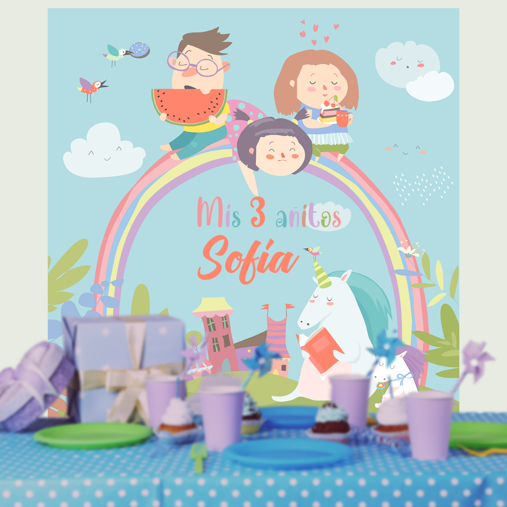 Fondo de mesa cumpleaños arcoiris con unicornio