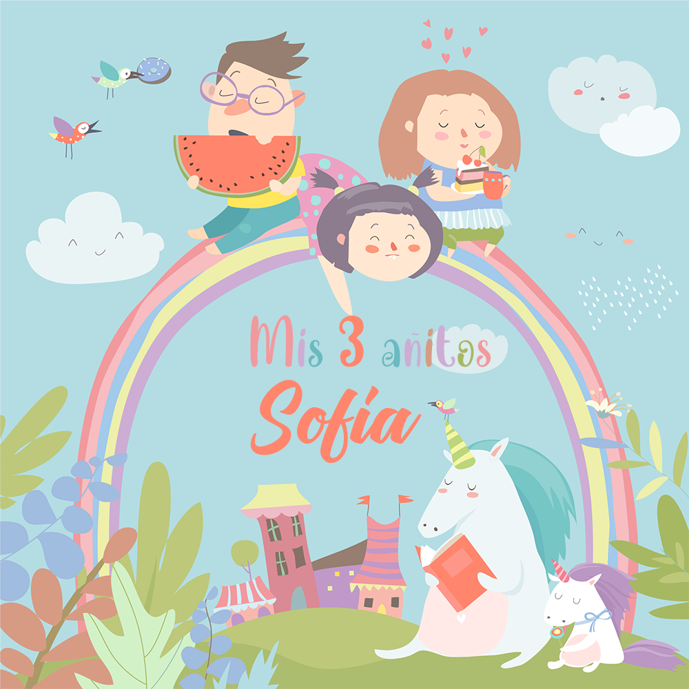 Fondo de mesa cumpleaños arcoiris con unicornio