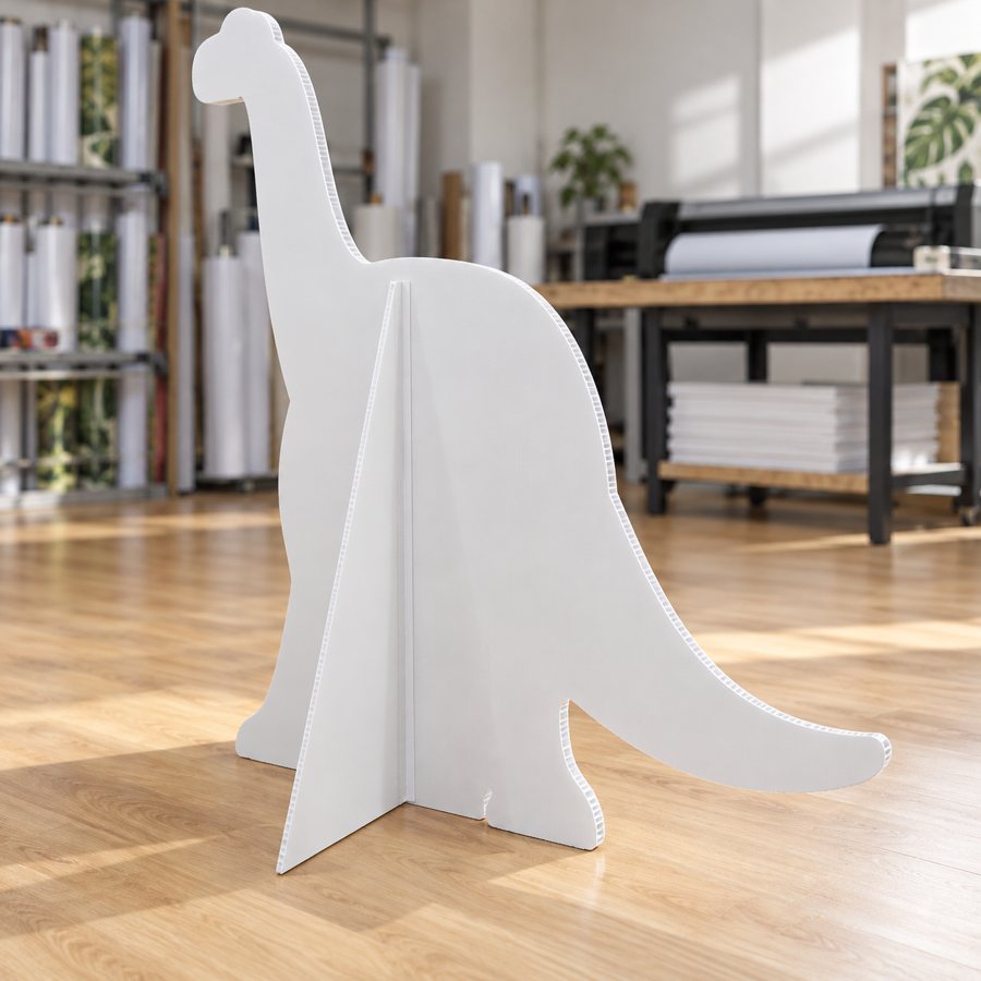 Dorso de una figura de cartonplast con forma de dinosaurio y el triángulo de soporte pegado atrás
