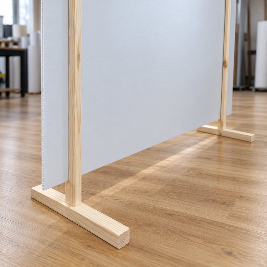 Dorso de un fondo rígido de cartonplast con soportes de madera en forma de T