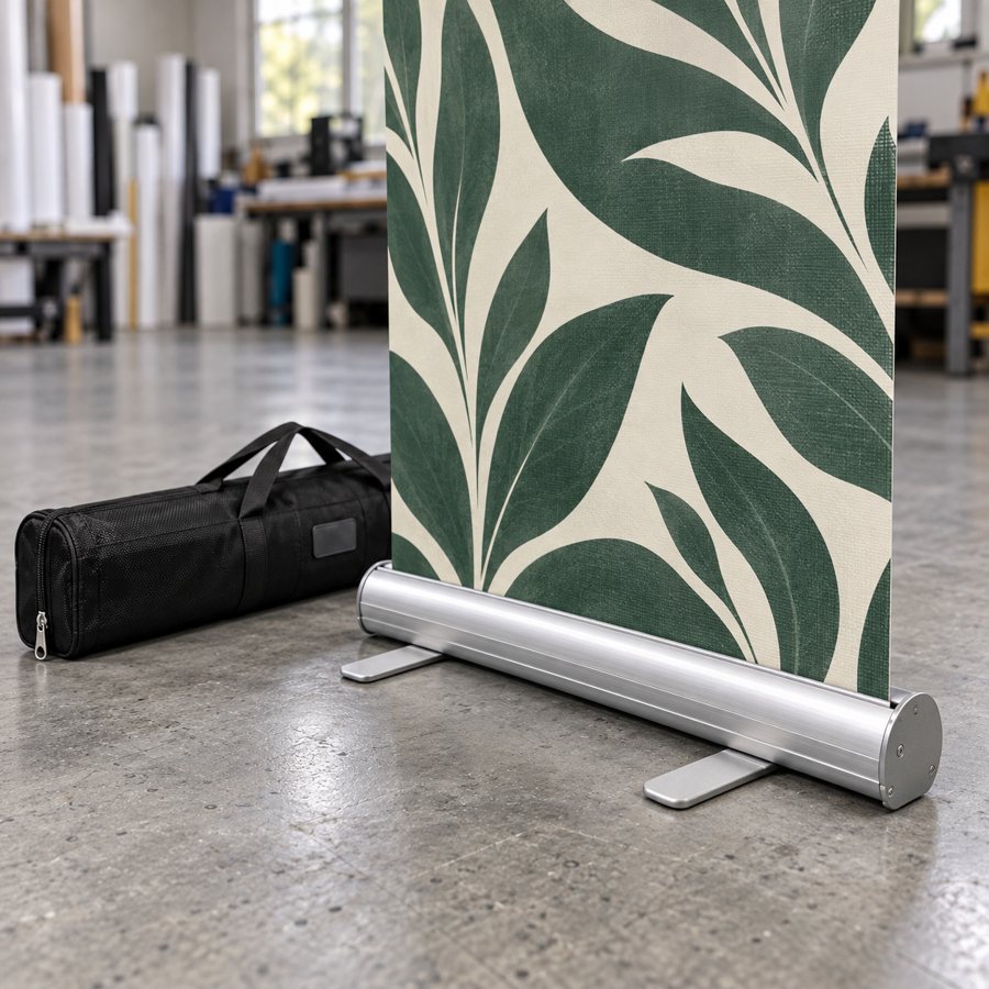Base de aluminio de un roll up con la gráfica desplegada y el bolso de transporte al lado