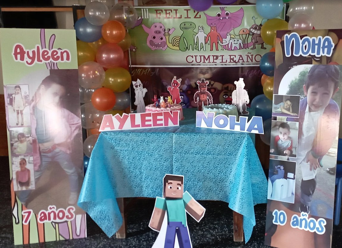 Cumpleaños doble decorado con figura rígida de Minecraft, banners personalizados con fotos y nombres recortados | Tematik