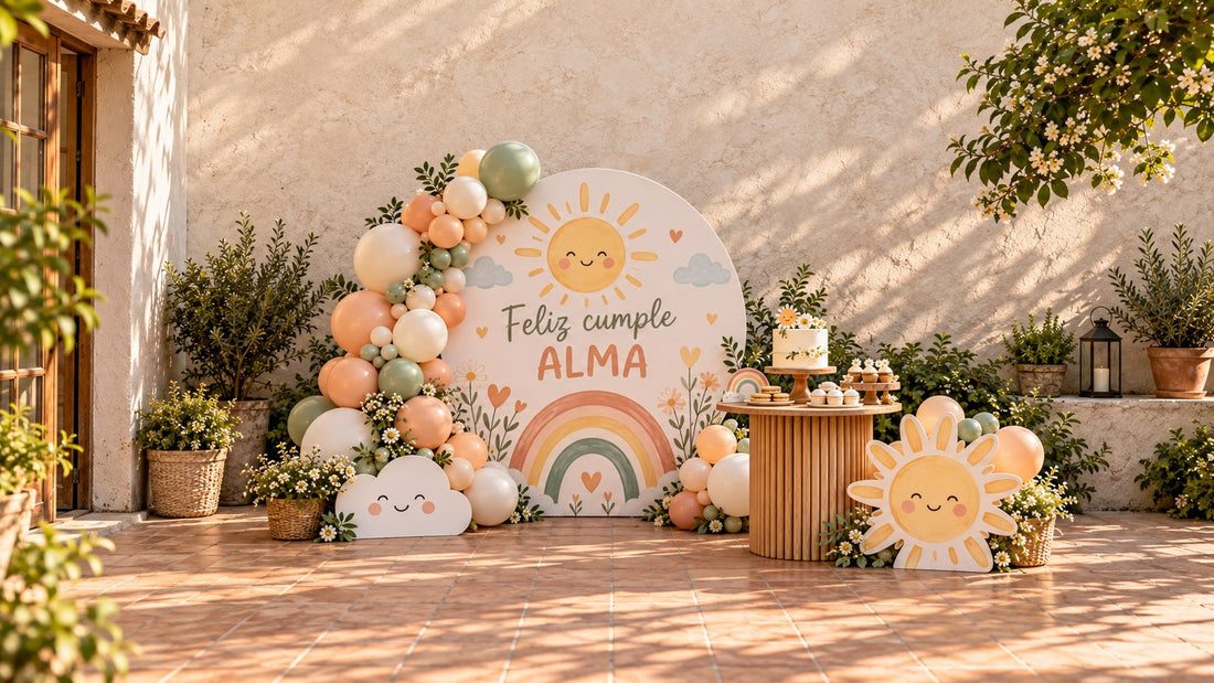 Decoracion de cumpleanos personalizada en un patio uruguayo con panel de arco, globos y mesa dulce