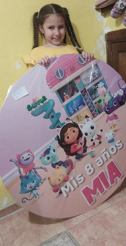Fondo rígido circular de cumpleaños temática Casa de Muñecas de Gabby en rosa, con nombre y edad personalizados